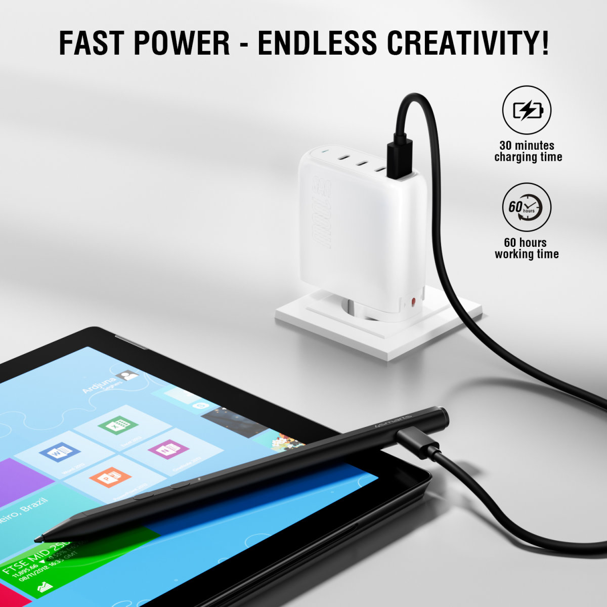 Biała stacja ładująca z tabletem i rysikiem. Tekst: Fast Power- Endless Creativity! Czas ładowania i pracy.