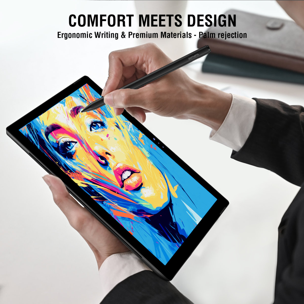 Osoba trzyma tablet i używa rysika do rysowania na nim. Tekst mówi 'Wygoda spotyka się z designem'.