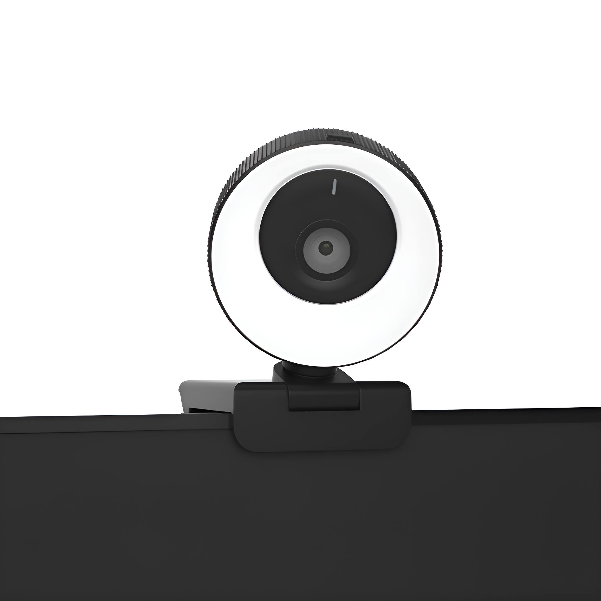 Eine Webcam mit weißem Ringlicht und schwarzem Gehäuse. Das Objektiv ist schwarz, die Webcam befindet sich an einem Monitor.