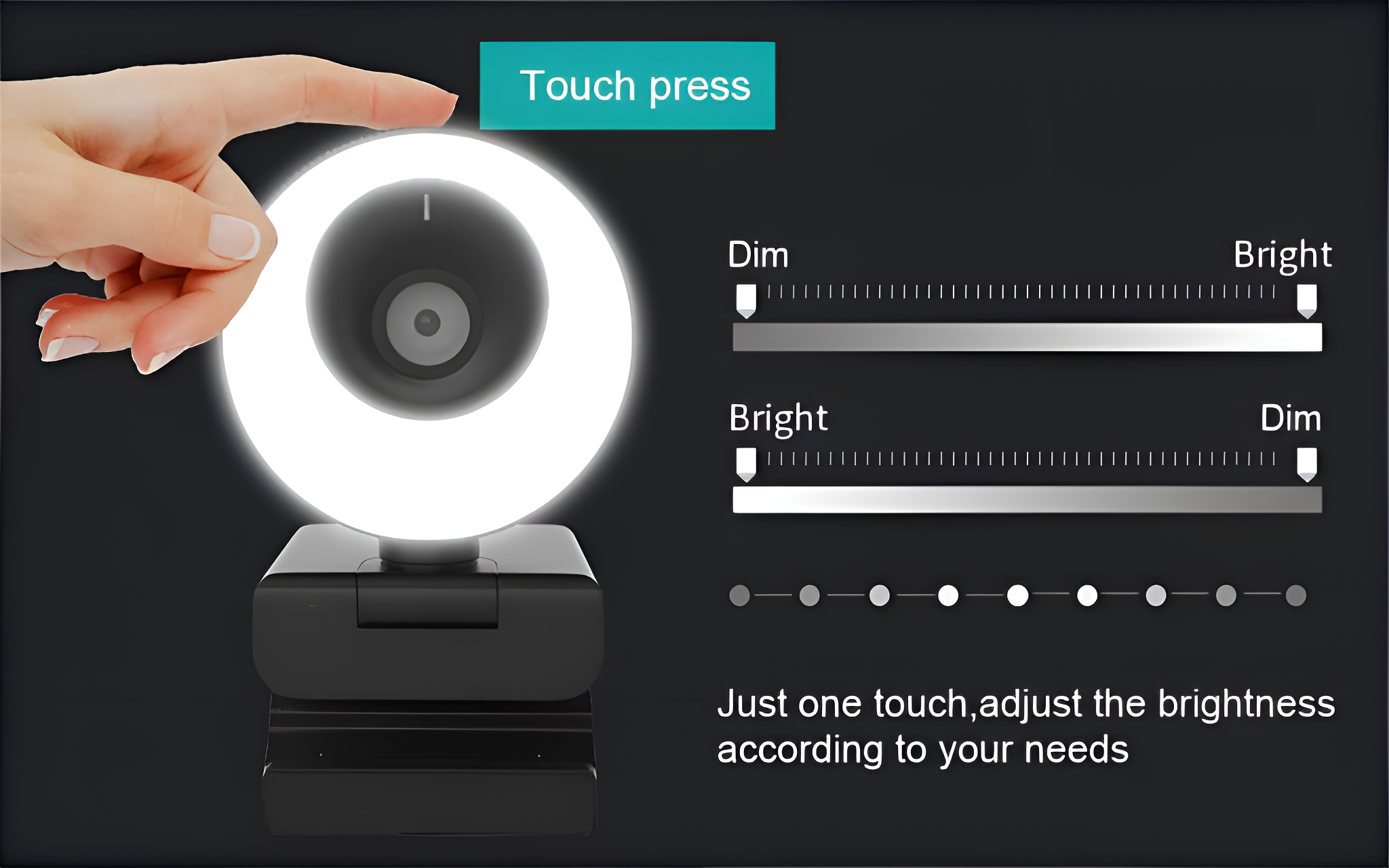 Eine Ringlicht-Webcam mit Touch-Control-Funktion und Helligkeitsanpassung. Sie hat eine schwarze Basis.