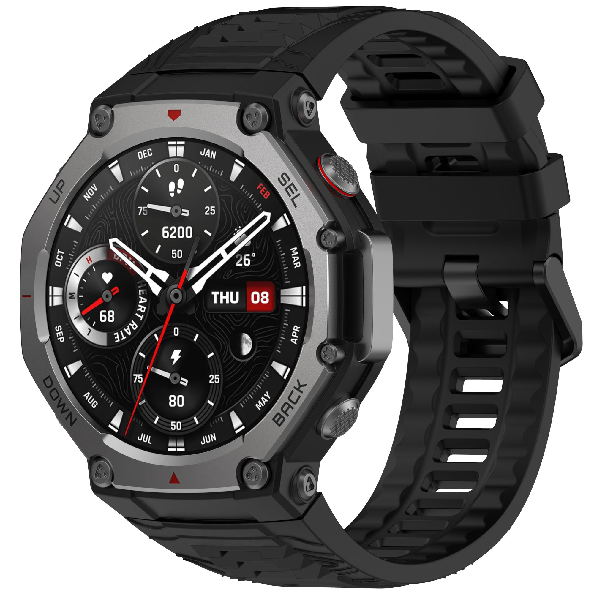 Czarny i szary smartwatch z czarnym paskiem. Tarcza wyświetla czas i dane zdrowotne.