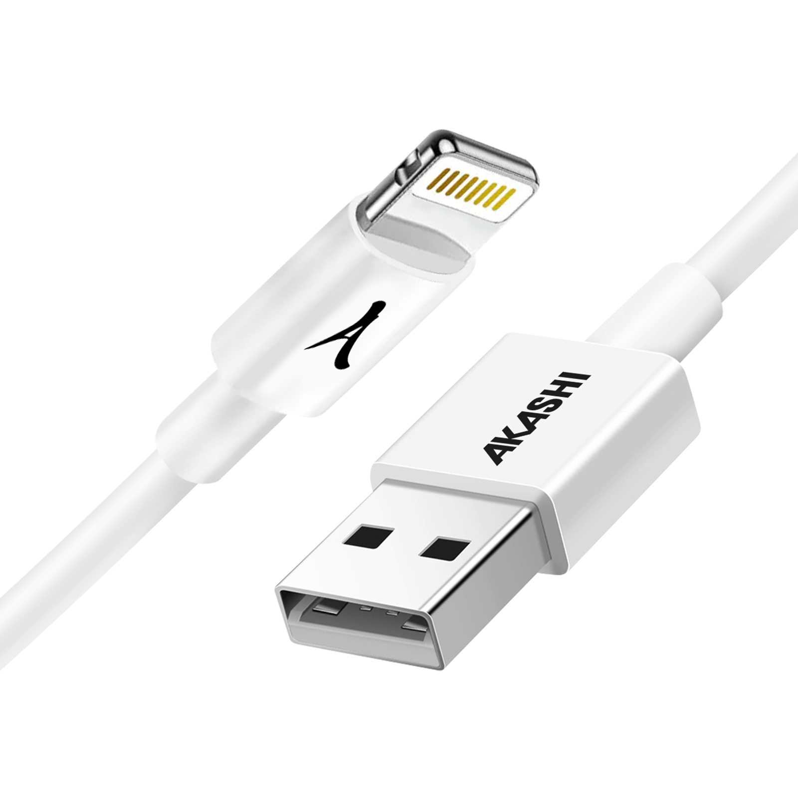 Câble de charge blanc avec connecteur Lightning et USB. Étiqueté 'AKASHI' sur le connecteur USB.
