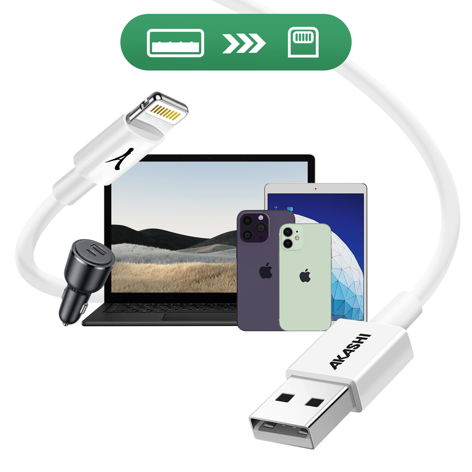 Câble USB avec connecteur Lightning et connecteur USB. Il y a aussi des téléphones et un ordinateur portable.