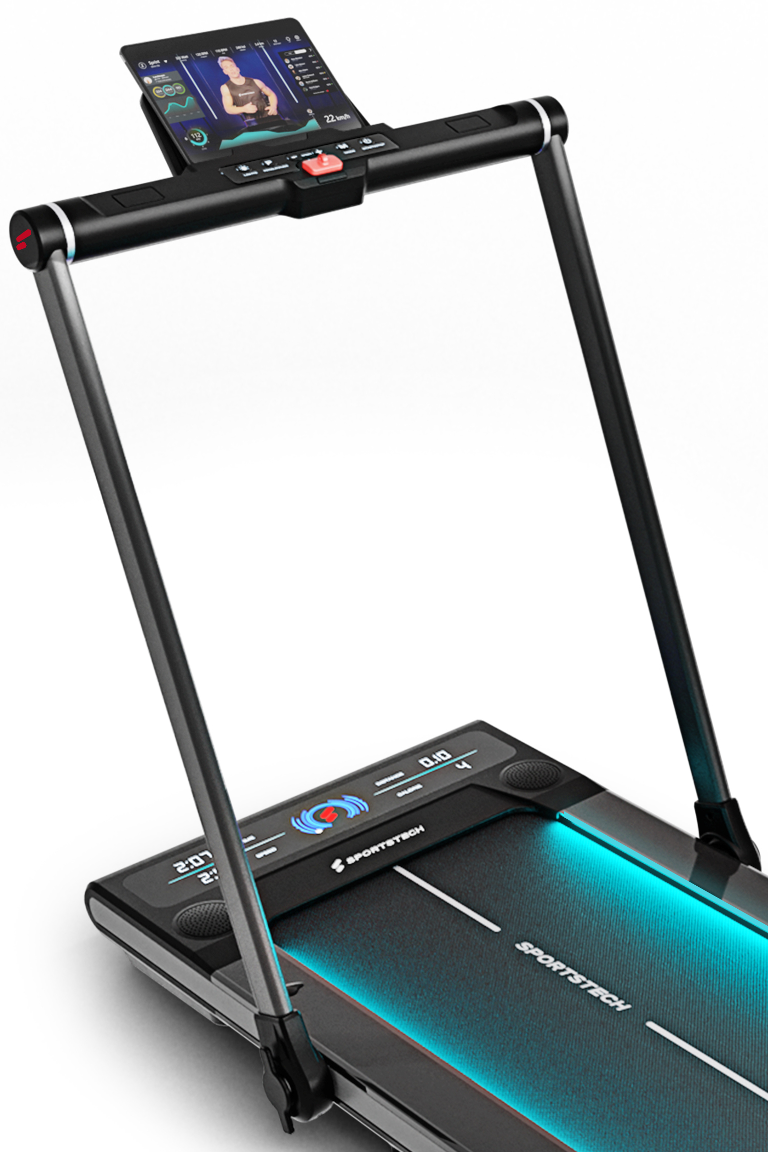 Ein Laufband mit einem Tablet darauf. Es hat ein blaues Licht, und eine Person benutzt es.