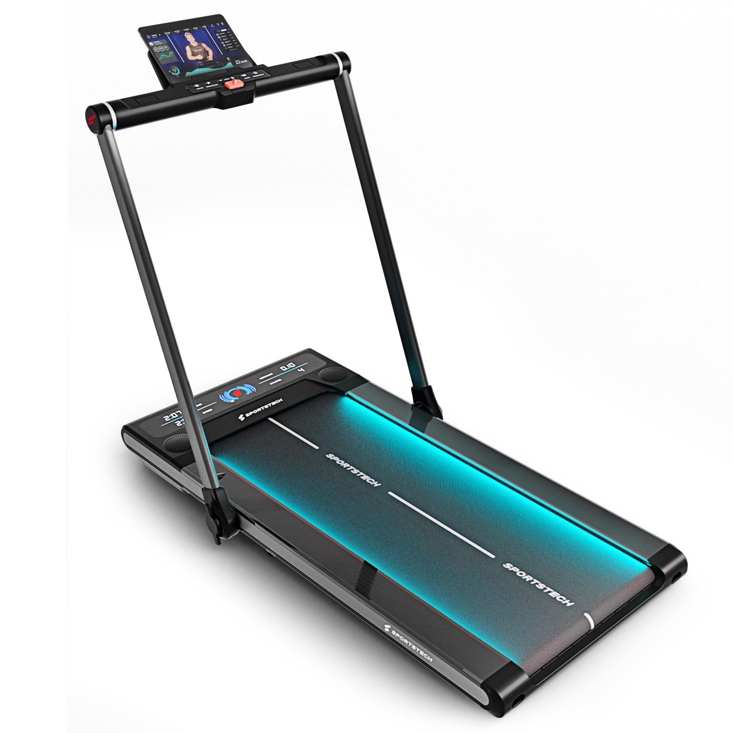Ein Laufband. Es hat ein blaues Licht und ein Tablet darauf. Weißer Hintergrund.