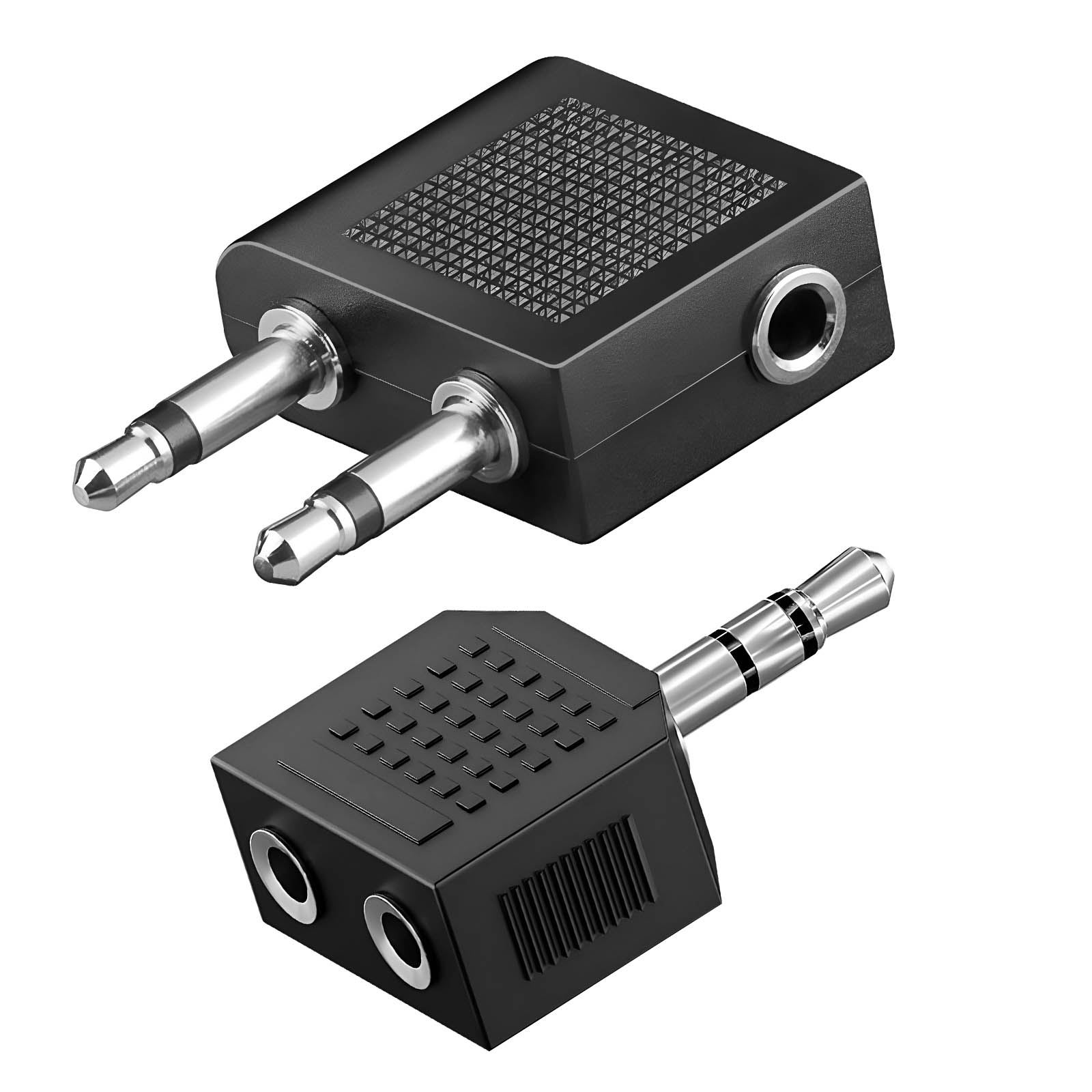Due adattatori jack audio neri. Uno ha due jack, l'altro uno.