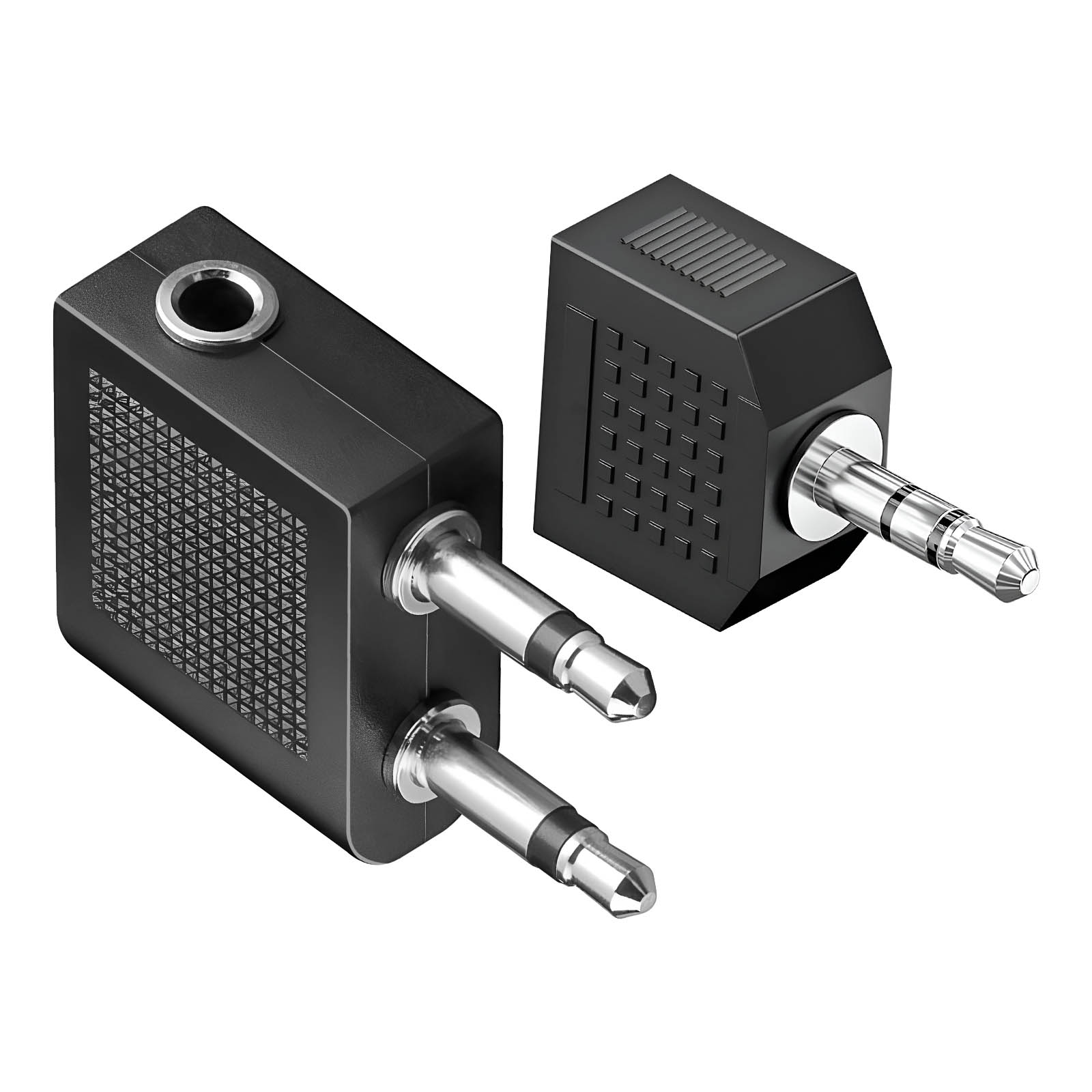 Due adattatori audio neri, uno con due jack e uno con un solo jack.