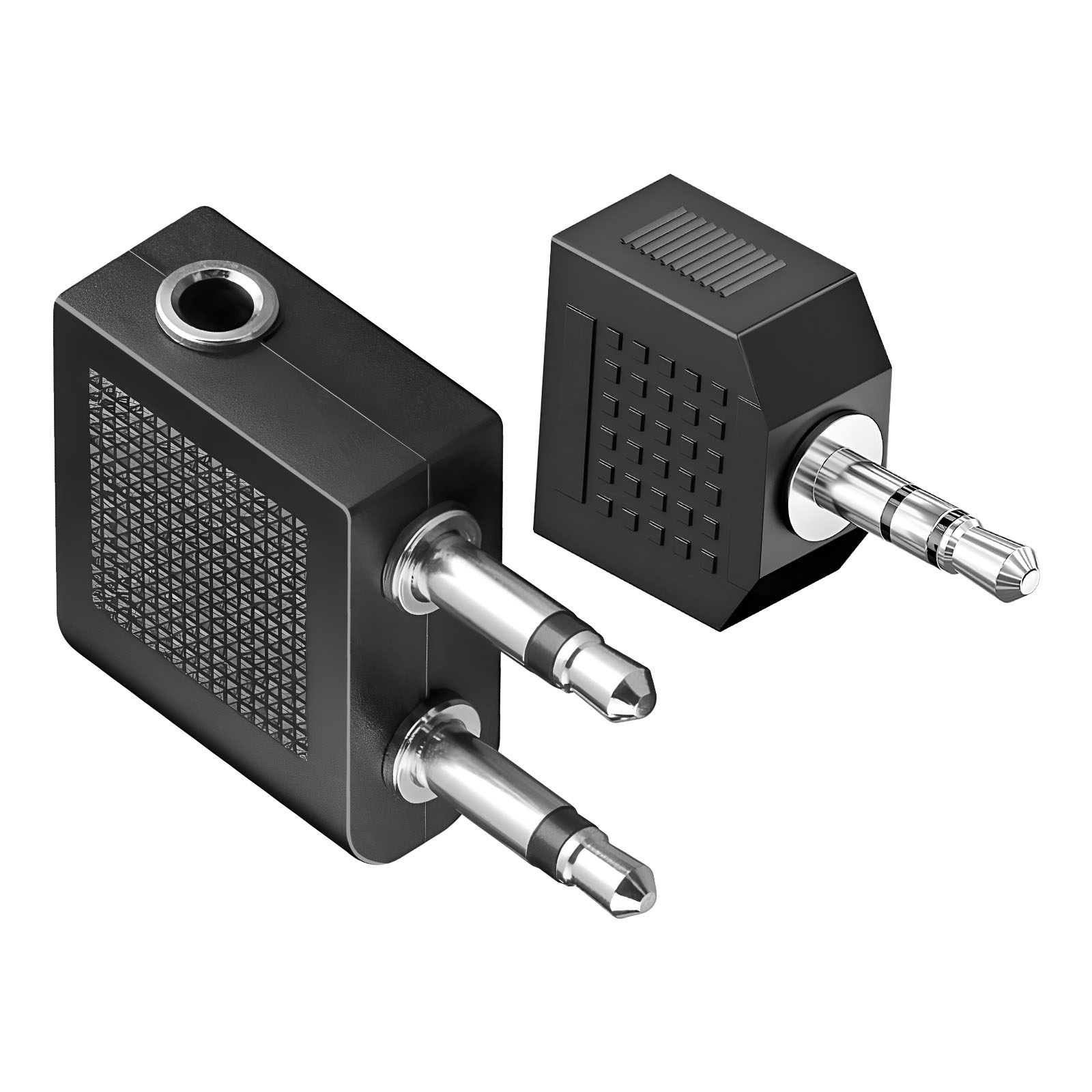 Due adattatori audio neri, uno con due jack e uno con un solo jack.