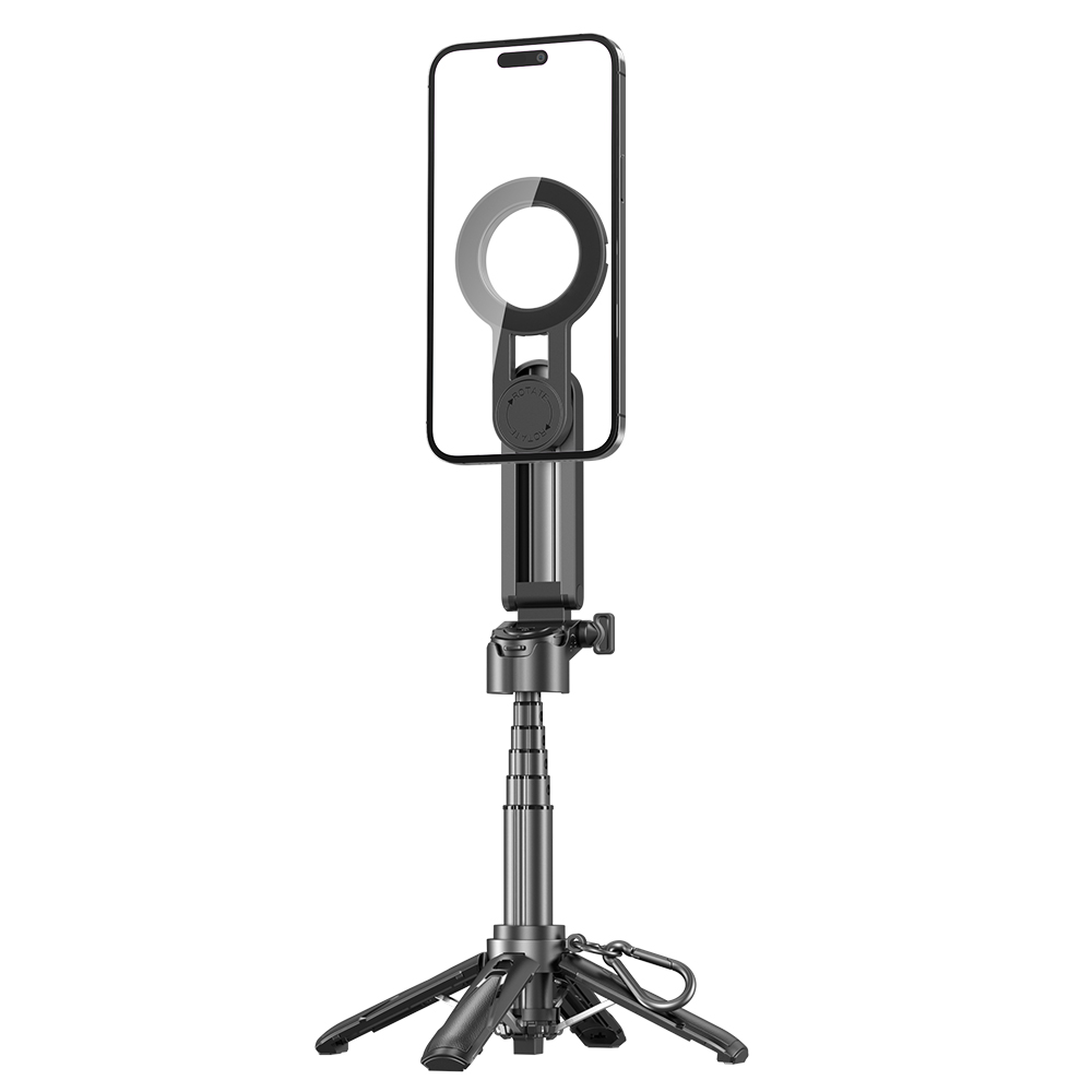 Selfie-Stick mit angeschlossenem Telefon. Ringlicht um die Telefonkamera. Stativbasis, schwarze Farbe.