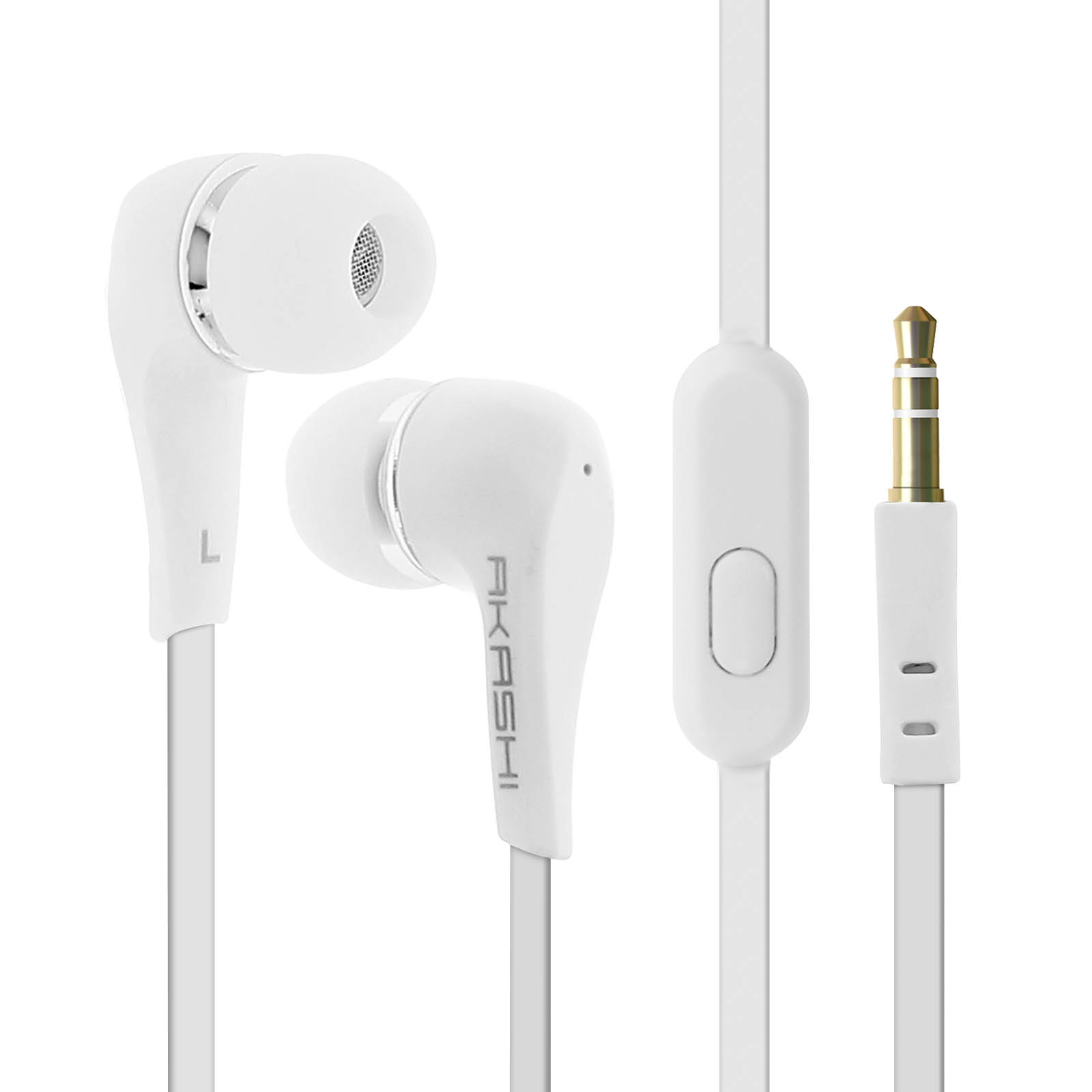 Witte oortelefoons met een microfoon en een bedieningsknop. De merknaam 'AKASHI' is zichtbaar op een oortelefoon.