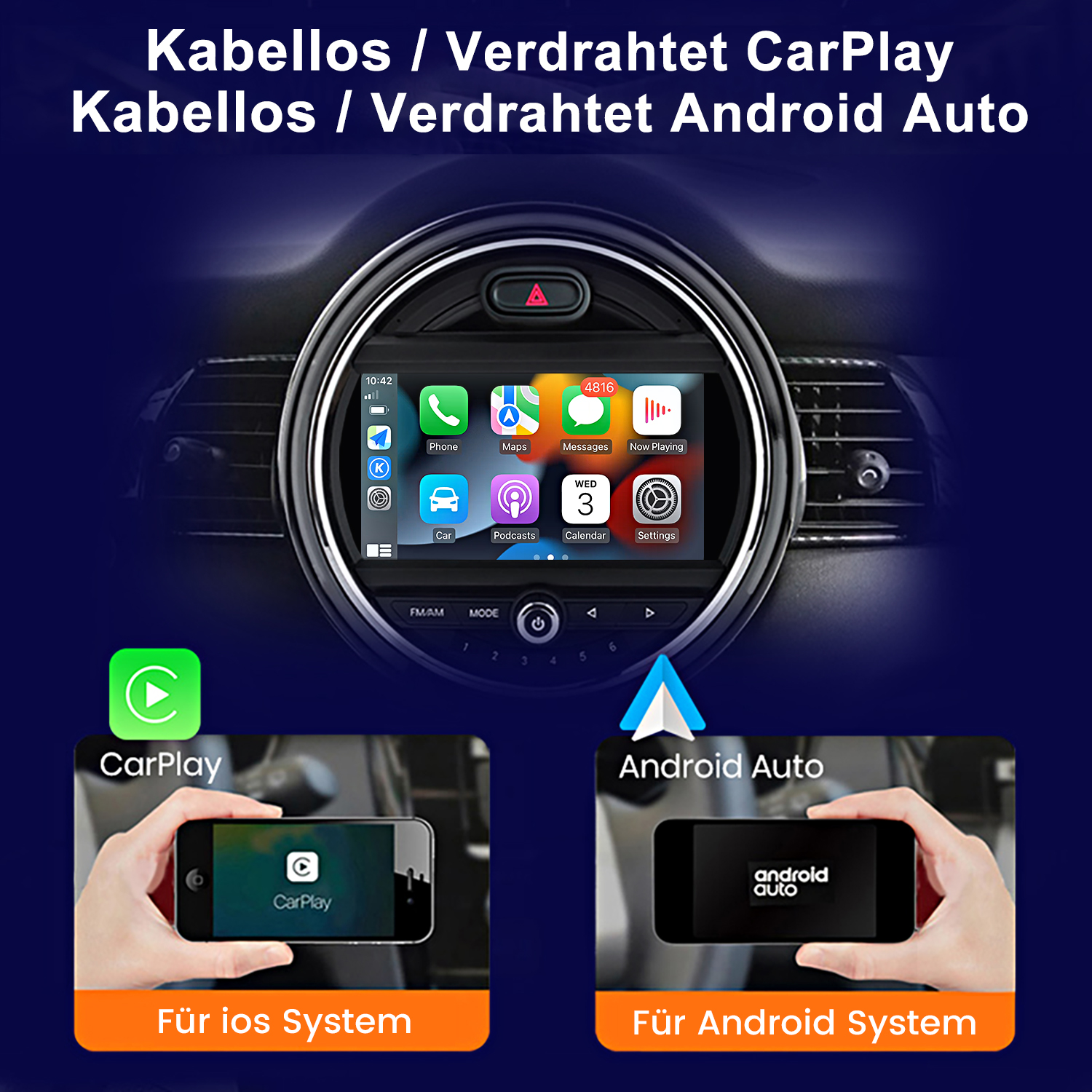 Auto-Armaturenbrett-Bildschirm, der CarPlay- und Android Auto-Oberflächen anzeigt. Zwei Telefone zeigen jede Oberfläche.