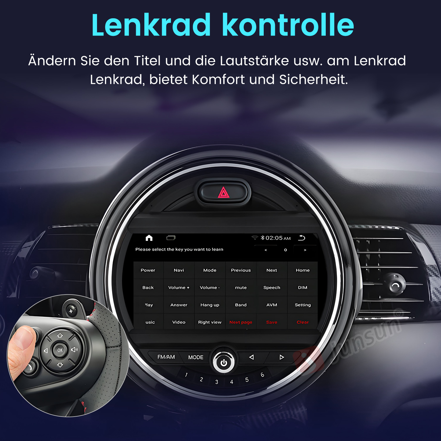 Armaturenbrett eines Autos mit Bildschirm, der ein Menü zur Lenkradsteuerung anzeigt.