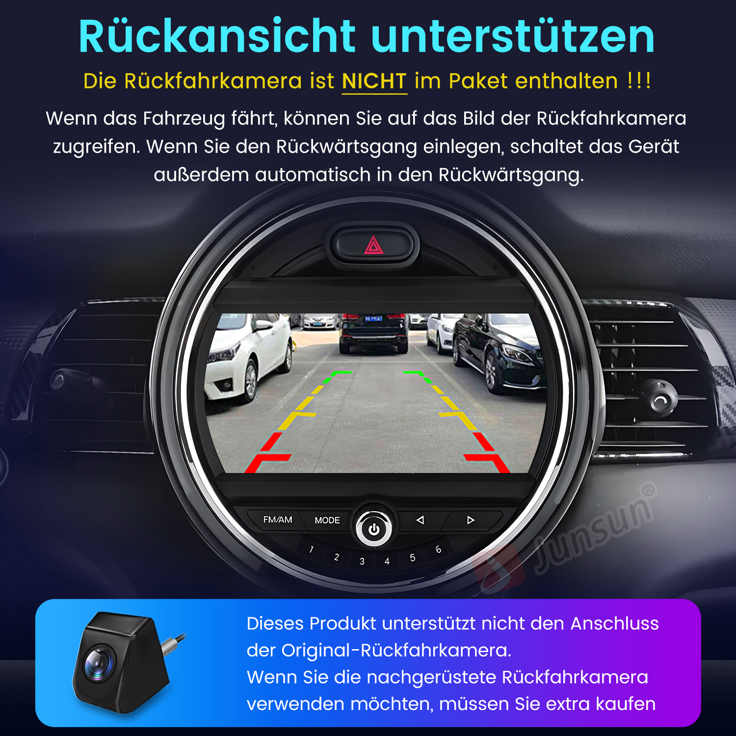 Armaturenbrett des Autos mit Rückfahrkamera-Anzeige, die die Sicht hinter dem Auto zeigt, mit sichtbaren Richtlinien.