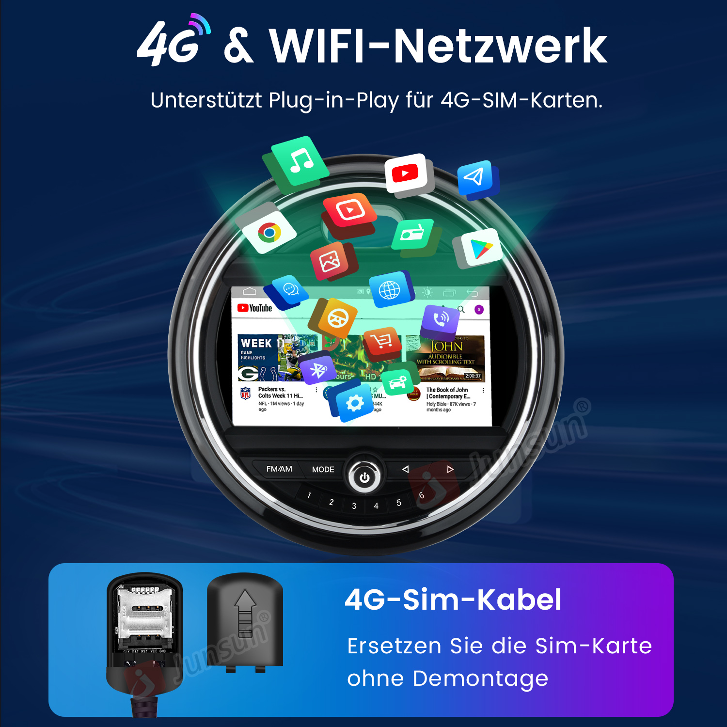 Bildschirm des Armaturenbretts des Autos mit verschiedenen App-Symbolen. Darunter eine 4G-SIM-Karte und ein SIM-Kartensteckplatz.
