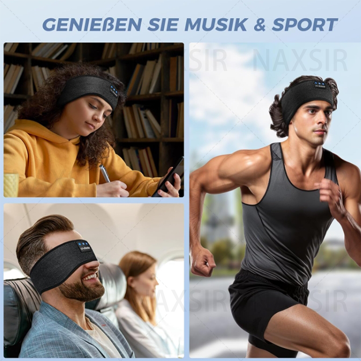 Ein Werbebild mit Menschen, die ein Stirnband benutzen. Einer schreibt, einer rennt, einer ist im Flugzeug.