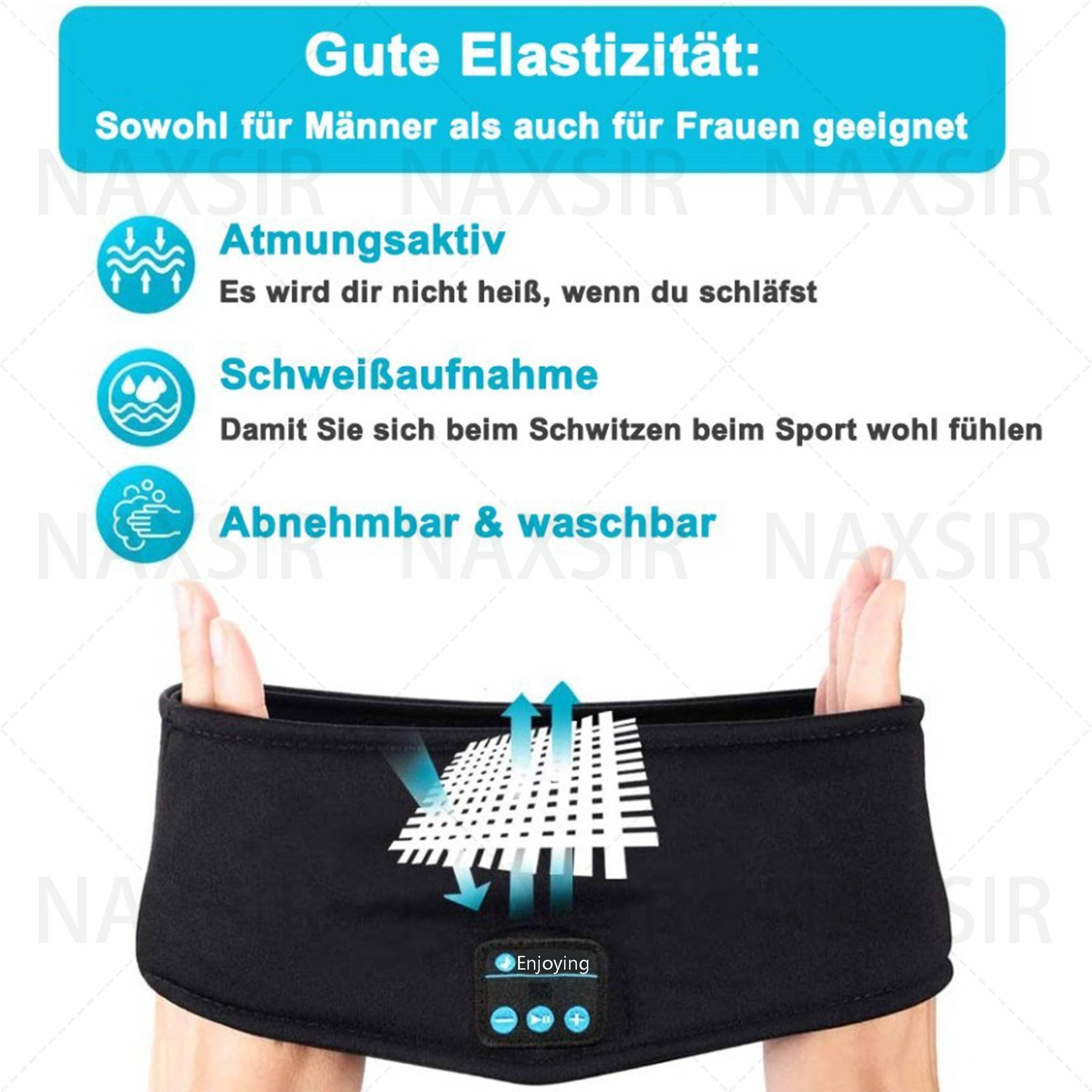 Ein schwarzes Stirnband mit weißem Gitter und blauen Pfeilen. Text auf Deutsch beschreibt seine Eigenschaften.