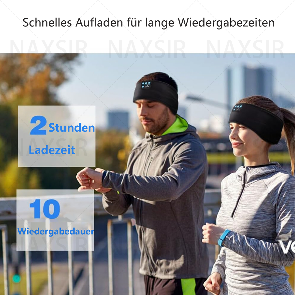 Zwei Personen joggen mit Stirnbändern. Text zeigt 2 Stunden Ladezeit und 10 Stunden Wiedergabe.