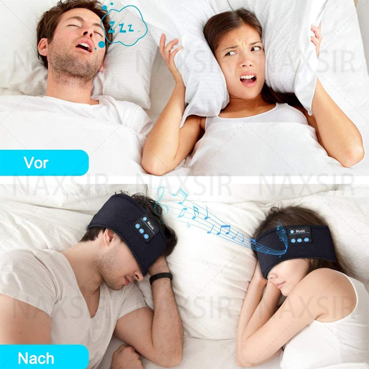 Ein Mann schnarcht und eine Frau hält sich die Ohren zu, dann schläft ein Paar mit einer Musik-Schlafmaske.