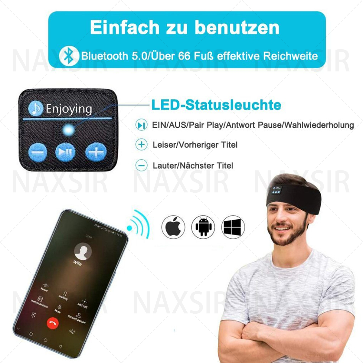 Ein Mann mit Stirnband und einem Telefon, das eine Benutzeroberfläche zeigt. Das Stirnband hat Steuertasten.