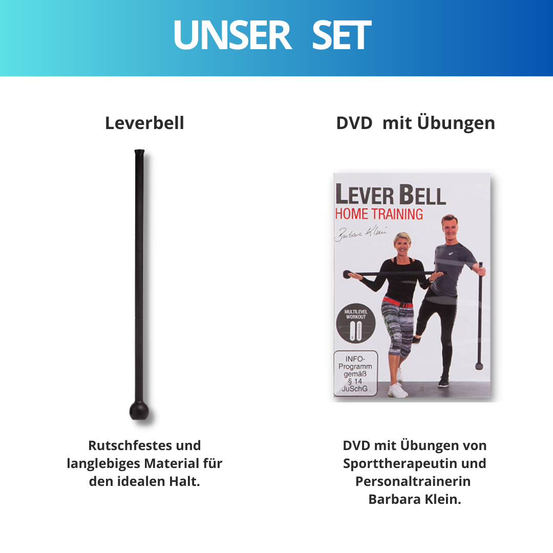 Eine Produktdarstellung mit einem Leverbell und einer DVD. Der Leverbell ist schwarz, und die DVD zeigt ein Training.