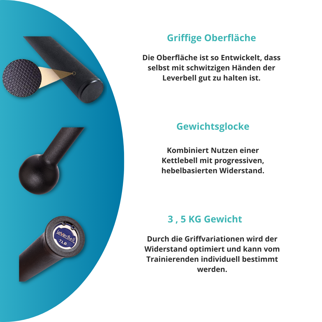 Drei Bilder zeigen Details über eine Leverbell, die Grifffläche, das Gewicht und die Funktionsweise.
