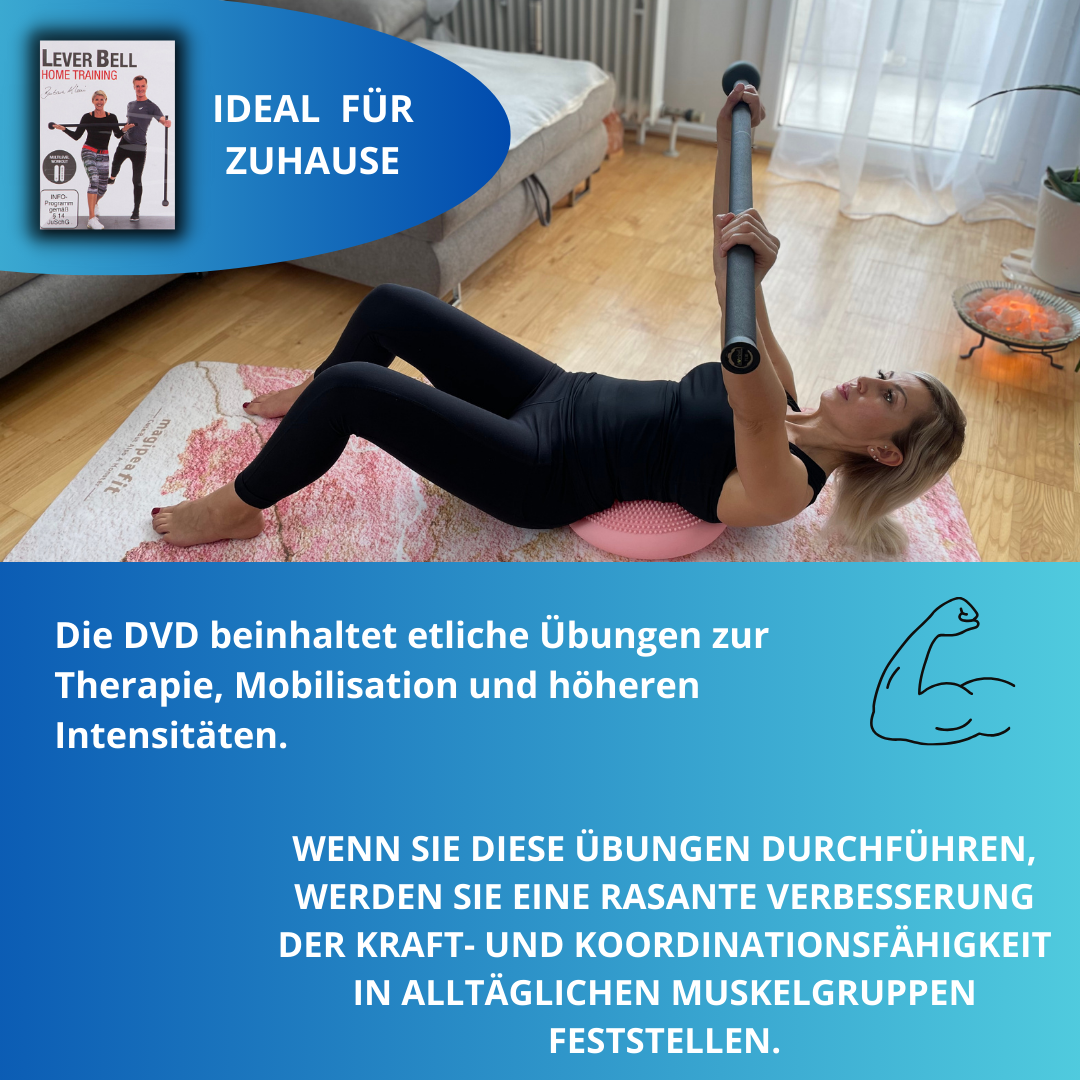 Eine Frau trainiert mit einer Leverbell. Text weist darauf hin, dass Übungen Kraft und Koordination verbessern.