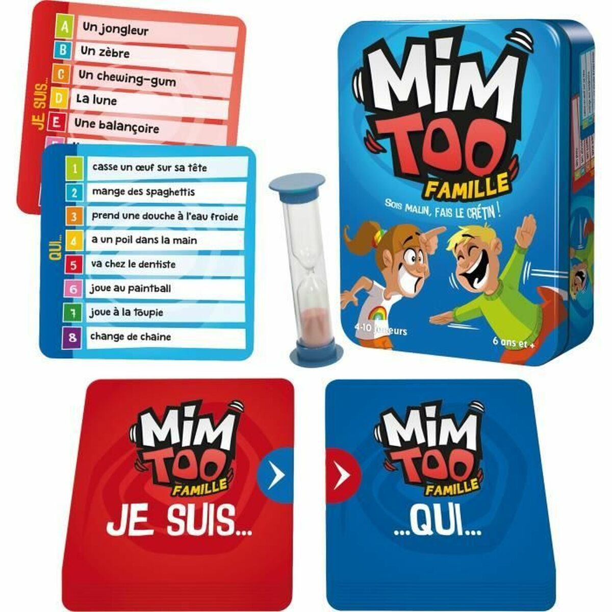 Scatola del gioco per famiglie Mim Too con carte e clessidra. Presenta illustrazioni di cartoni animati.