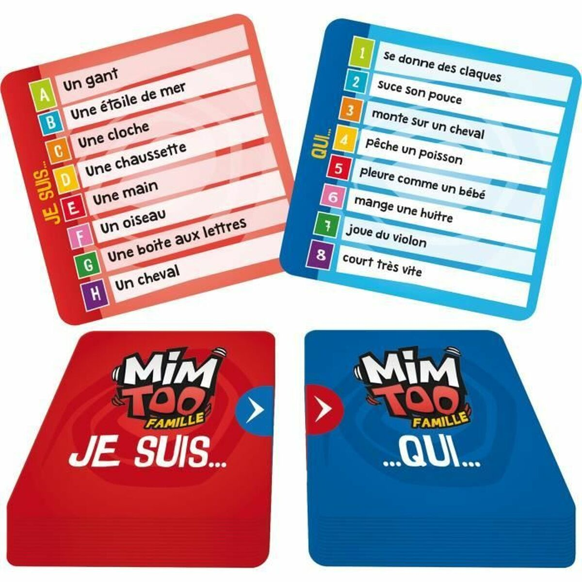 Carte del gioco 'Mim Too Famille'. Due serie di carte. Una 'Je Suis', l'altra 'Qui...'. Testo in francese.