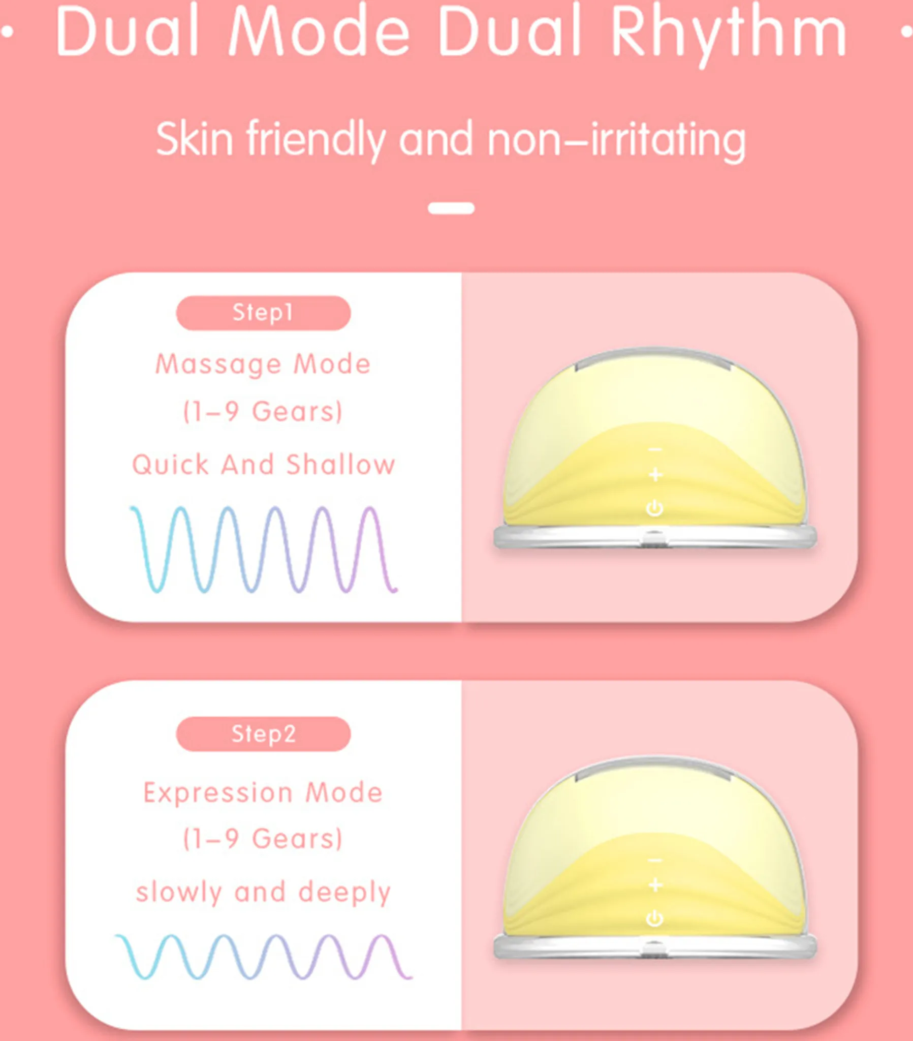 Gerät, das den Dual-Modus und den Rhythmus zeigt. Zwei Schritte: Massage-Modus (1-9 Gänge) und Expression-Modus (1-9 Gänge).