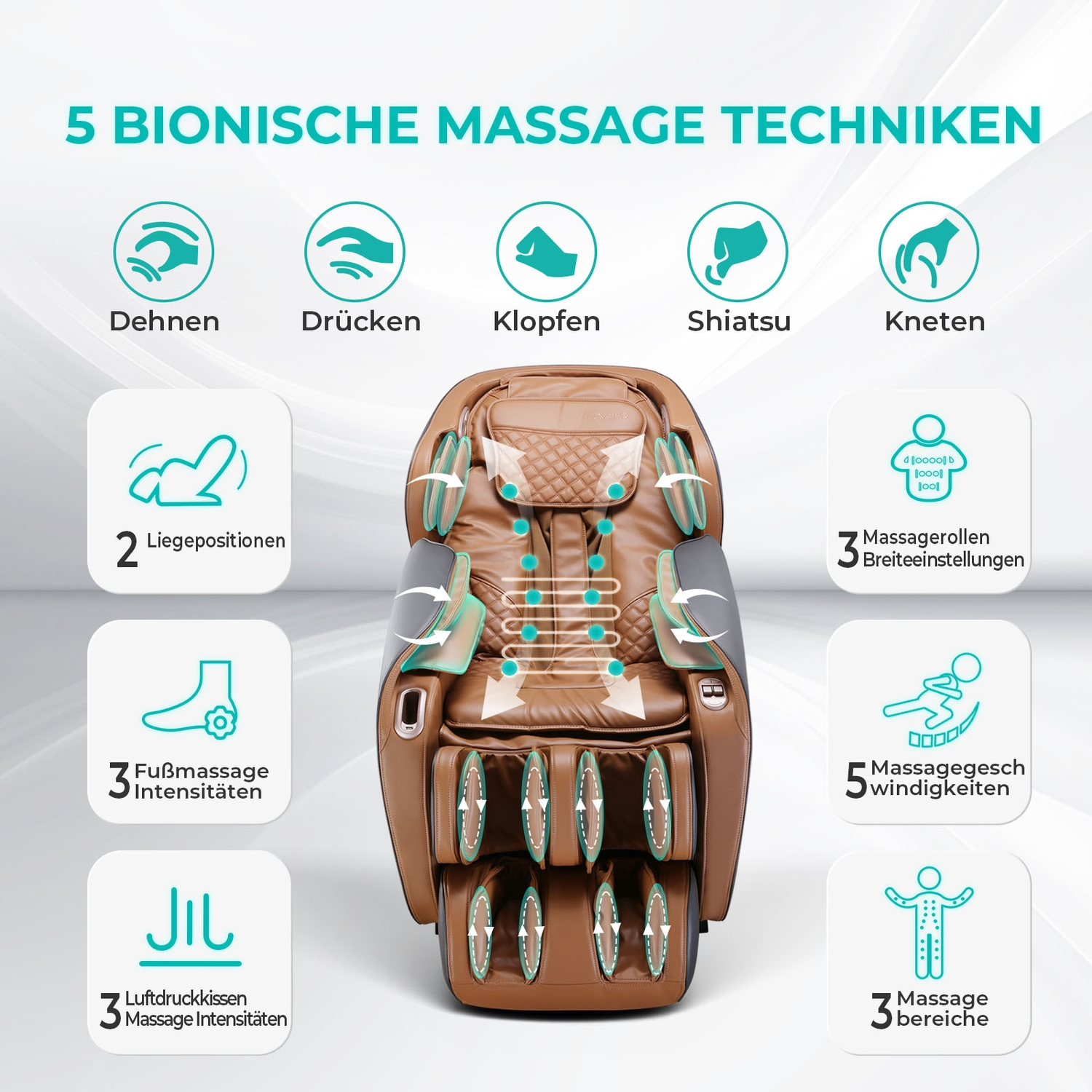 Ein brauner Massagestuhl zeigt fünf bionische Massagetechniken.