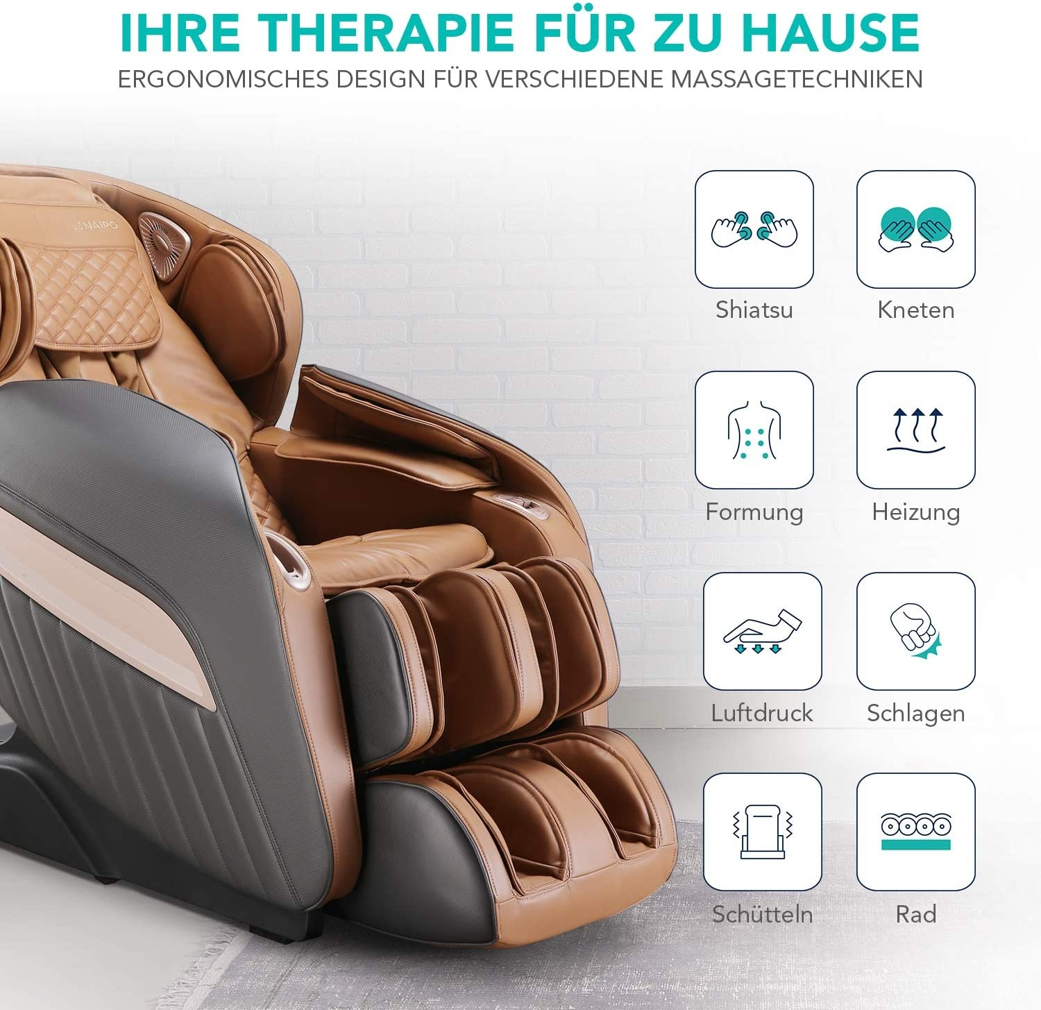 Ein brauner und grauer Massagestuhl zeigt therapeutische Funktionen. Symbole veranschaulichen Massagearten.