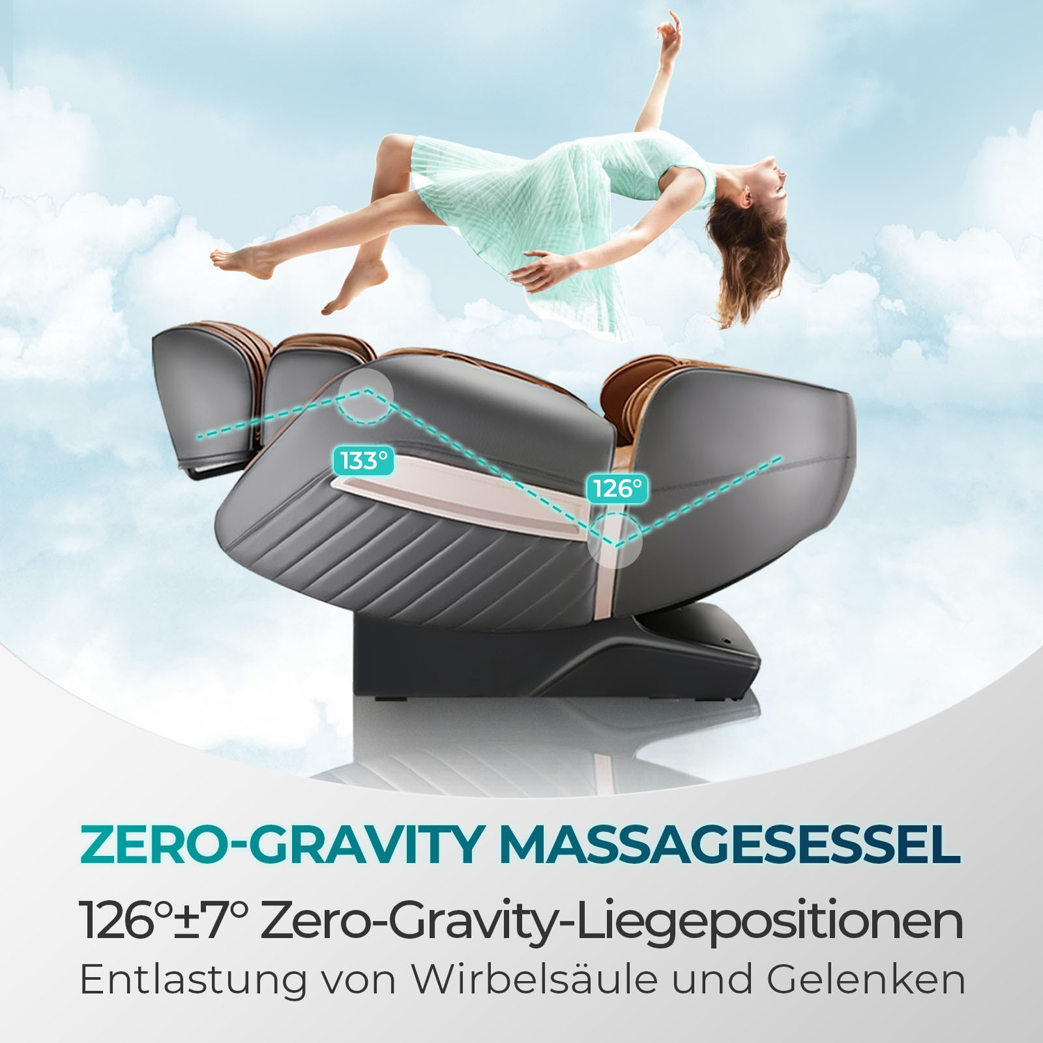 Eine Frau schwebt über einem grauen Massagestuhl. Der Stuhl zeigt eine Schwerelosigkeitsposition.