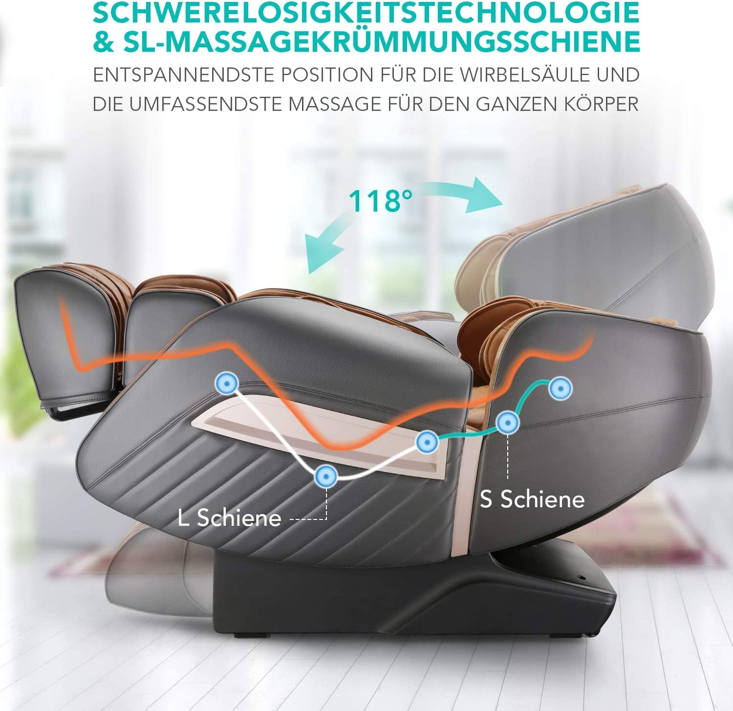 Ein grauer Massagestuhl zeigt S- und L-Kurven-Massagetechnologie mit einem Winkel von 118 Grad.