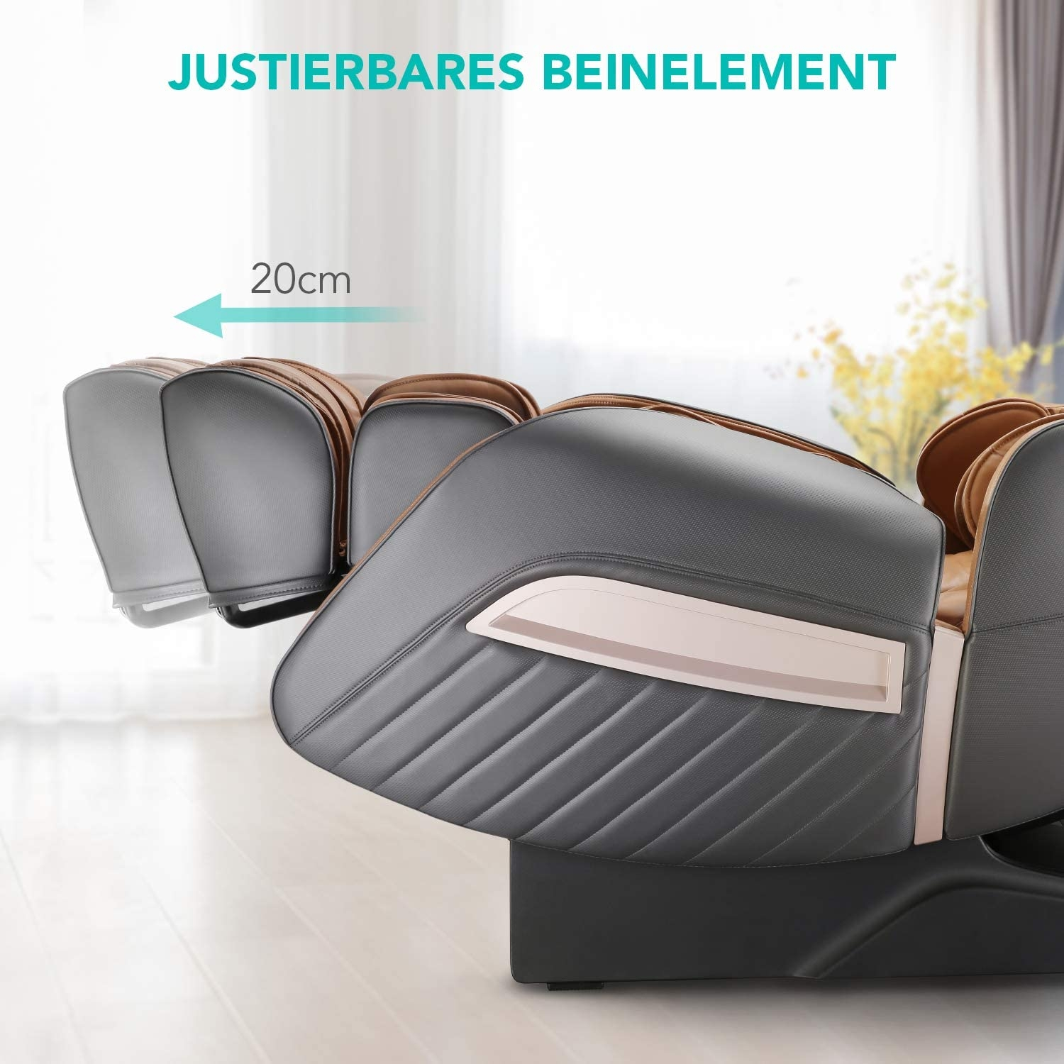 Die verstellbare Beinauflage eines grauen Massagestuhls wird ausgefahren. Der Pfeil zeigt 20 cm an.