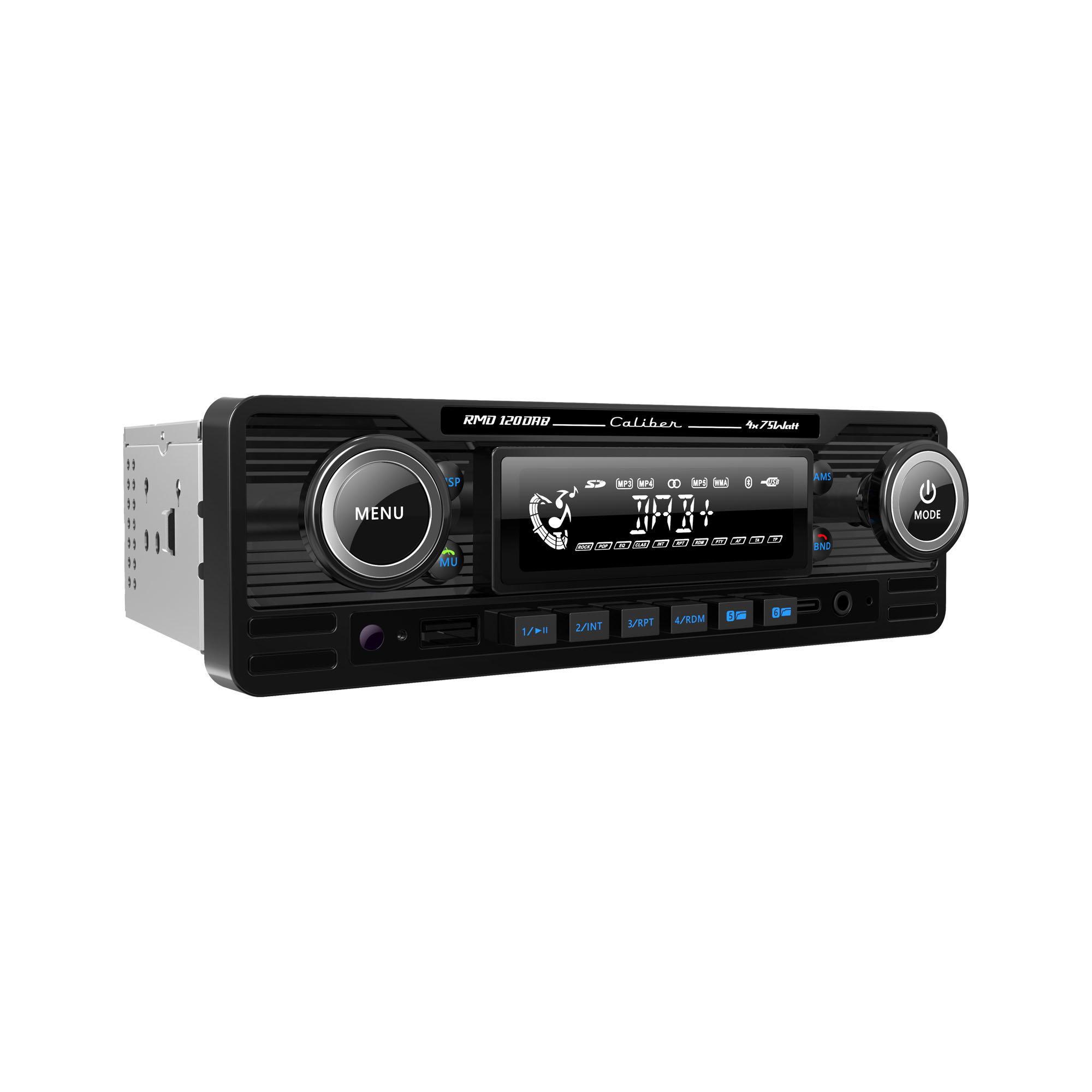 Ein schwarzes Autoradio mit Bildschirm und Knöpfen vor weißem Hintergrund. Es zeigt Zahlen und eine Musiknote an.