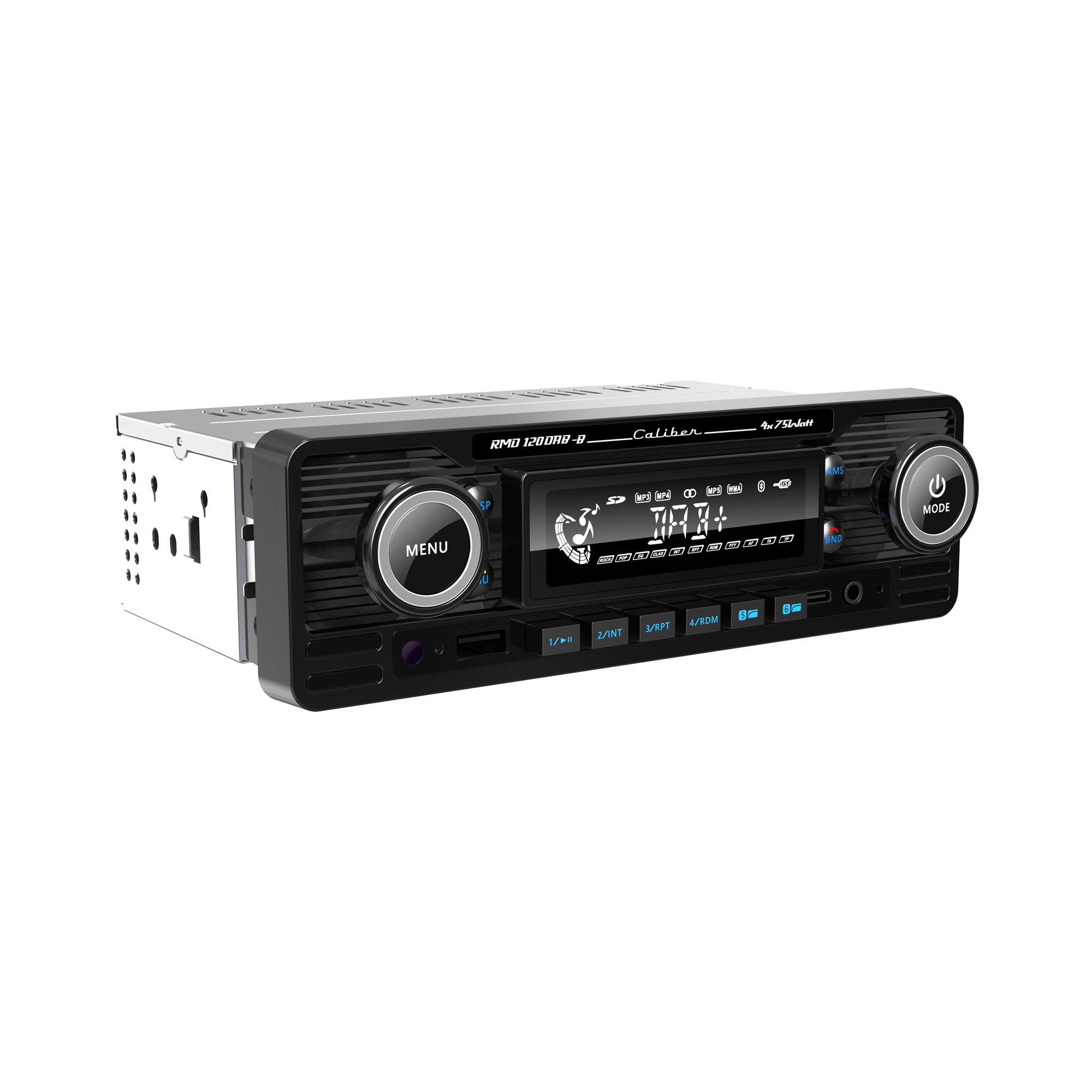 A car stereo with a black face and various buttons and displays.