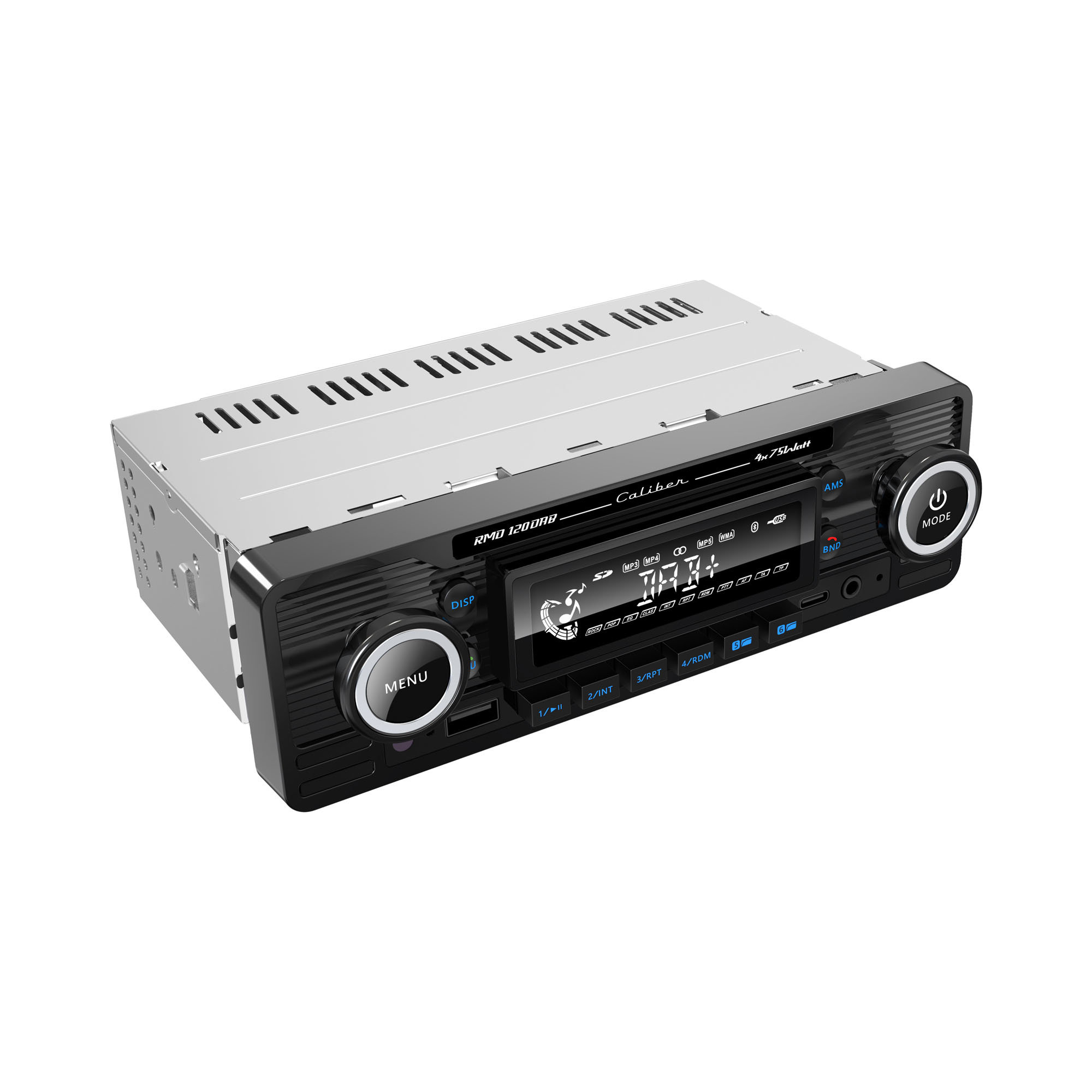 A car stereo with a black face and various buttons and displays.