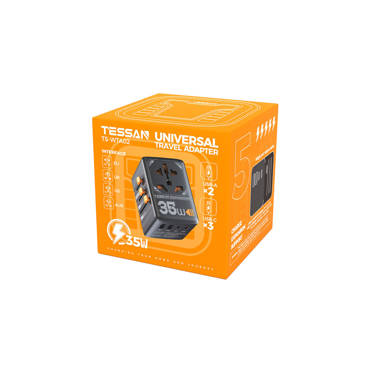 Caja naranja y blanca con un adaptador de viaje e información del producto.
