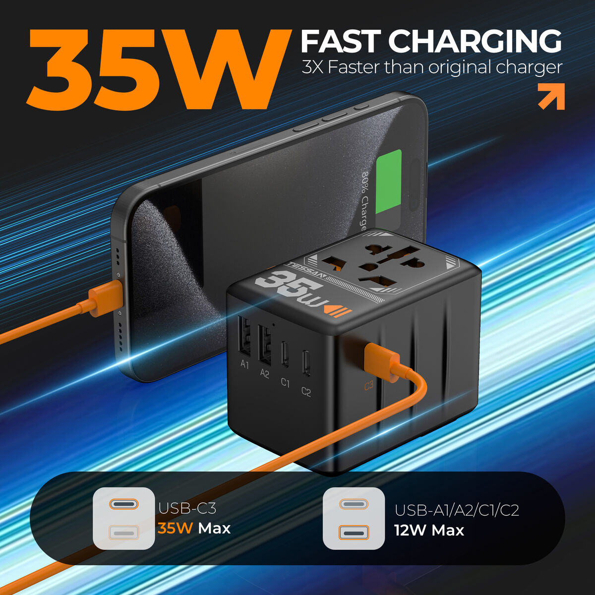 Adaptador de viaje negro cargando un teléfono con un cable naranja.