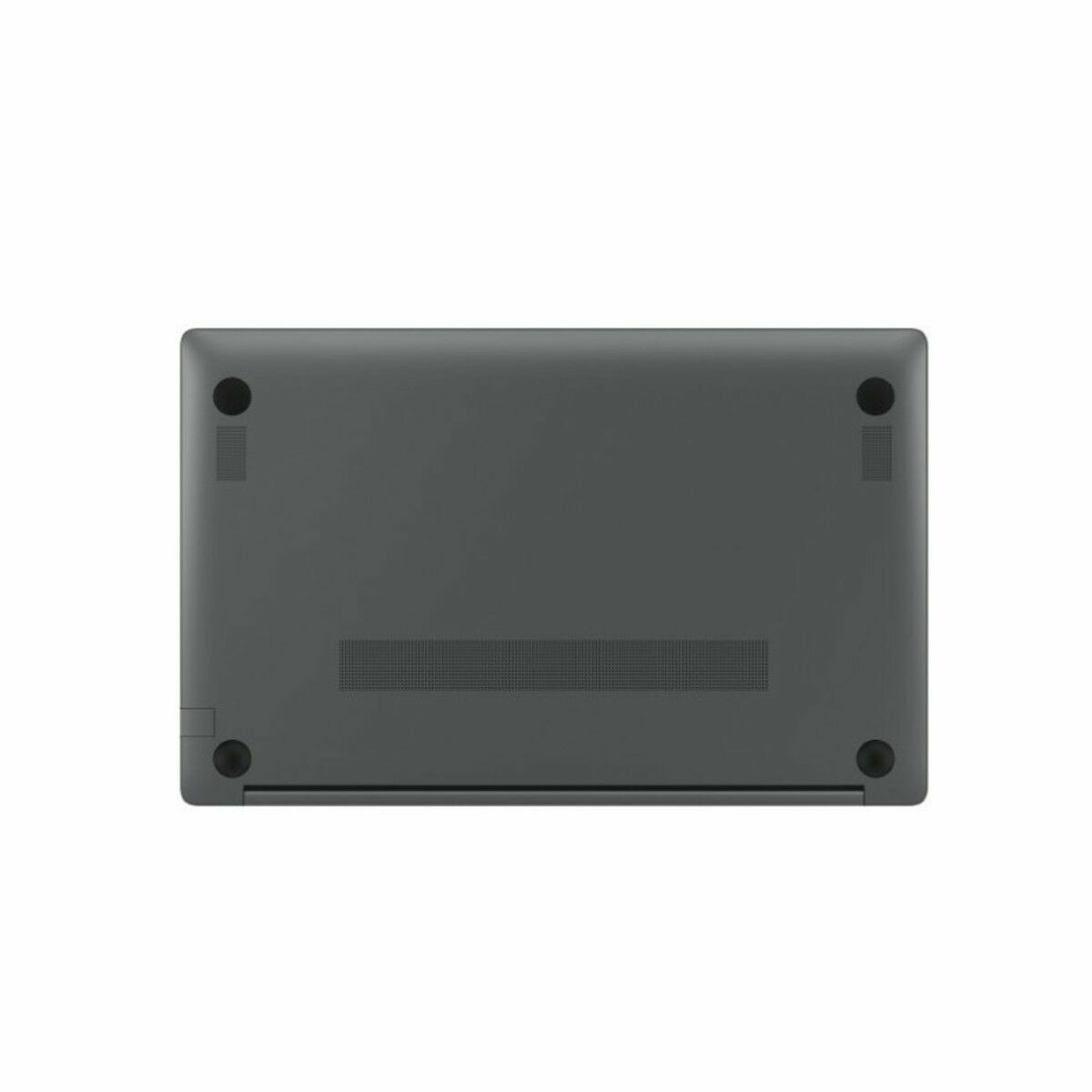 Unteransicht eines geschlossenen grauen Laptops auf einem weißen Hintergrund, die vier kleine runde Füße und Lüftungsgitter zeigt.
