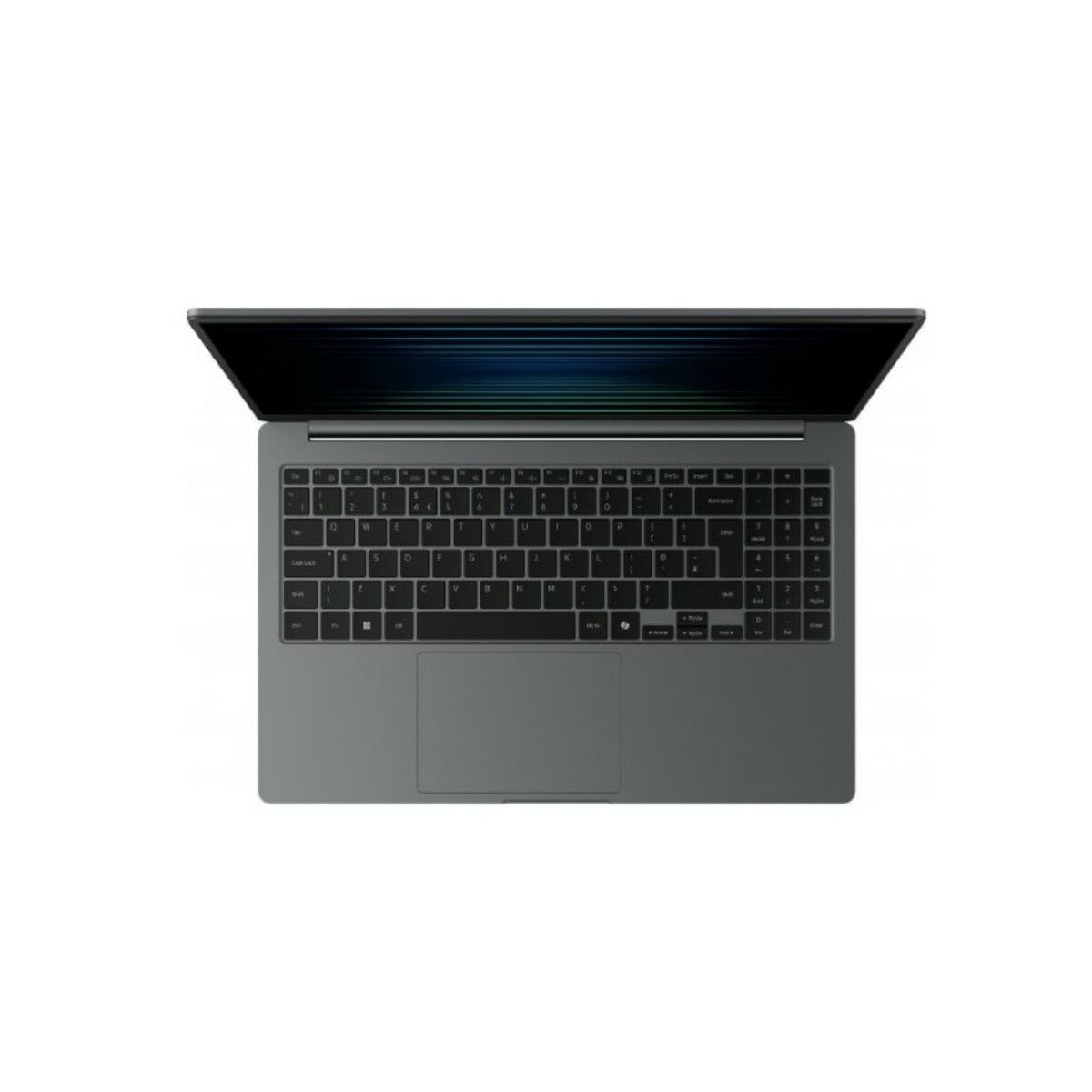 Widok z góry otwartego, szarego laptopa na białym tle, ukazujący klawiaturę i ekran z niebiesko-zielonymi liniami.