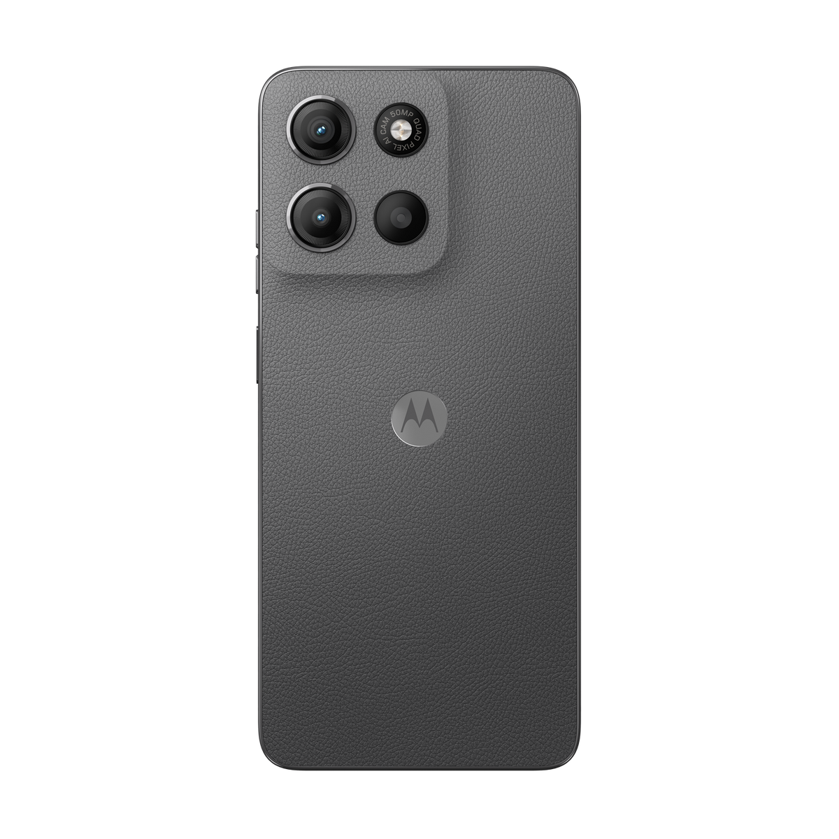 Szary smartfon z trzema kamerami, logo Motorola i tylną obudową imitującą skórę na czarnym tle.