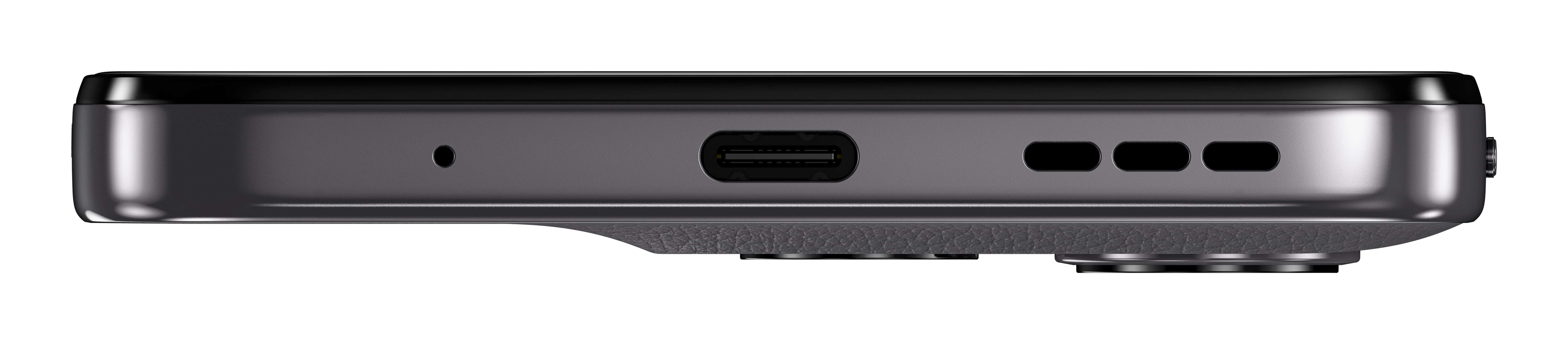 Dolna krawędź szarego telefonu pokazuje port USB-C, otwory głośników i otwór mikrofonu na białym tle.