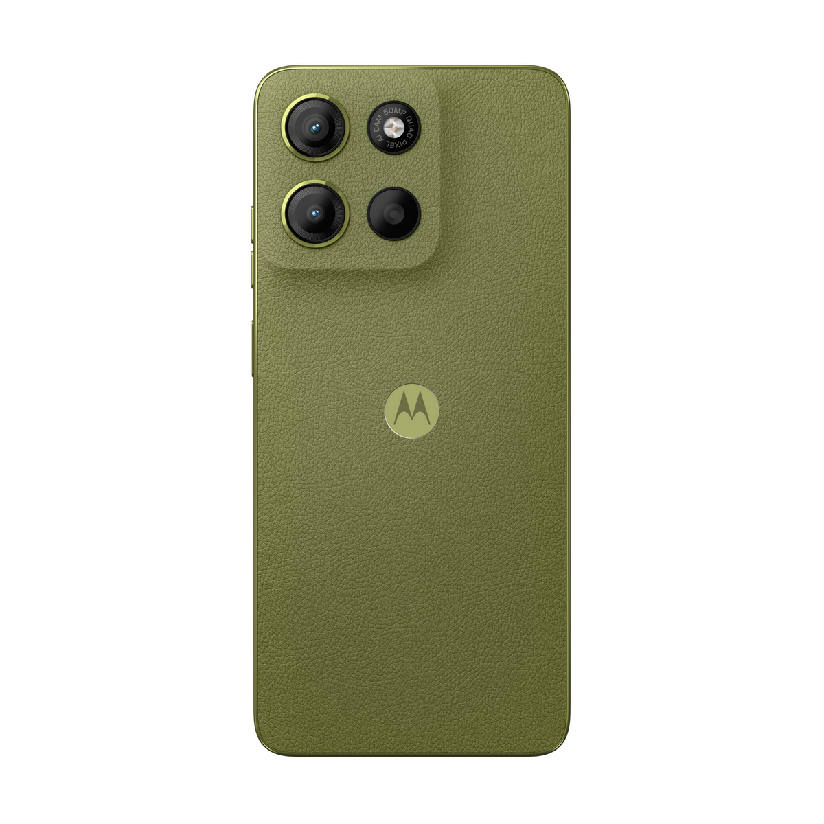 Parte trasera del teléfono con lentes de cámara y logotipo de Motorola, verde oscuro, fondo negro.