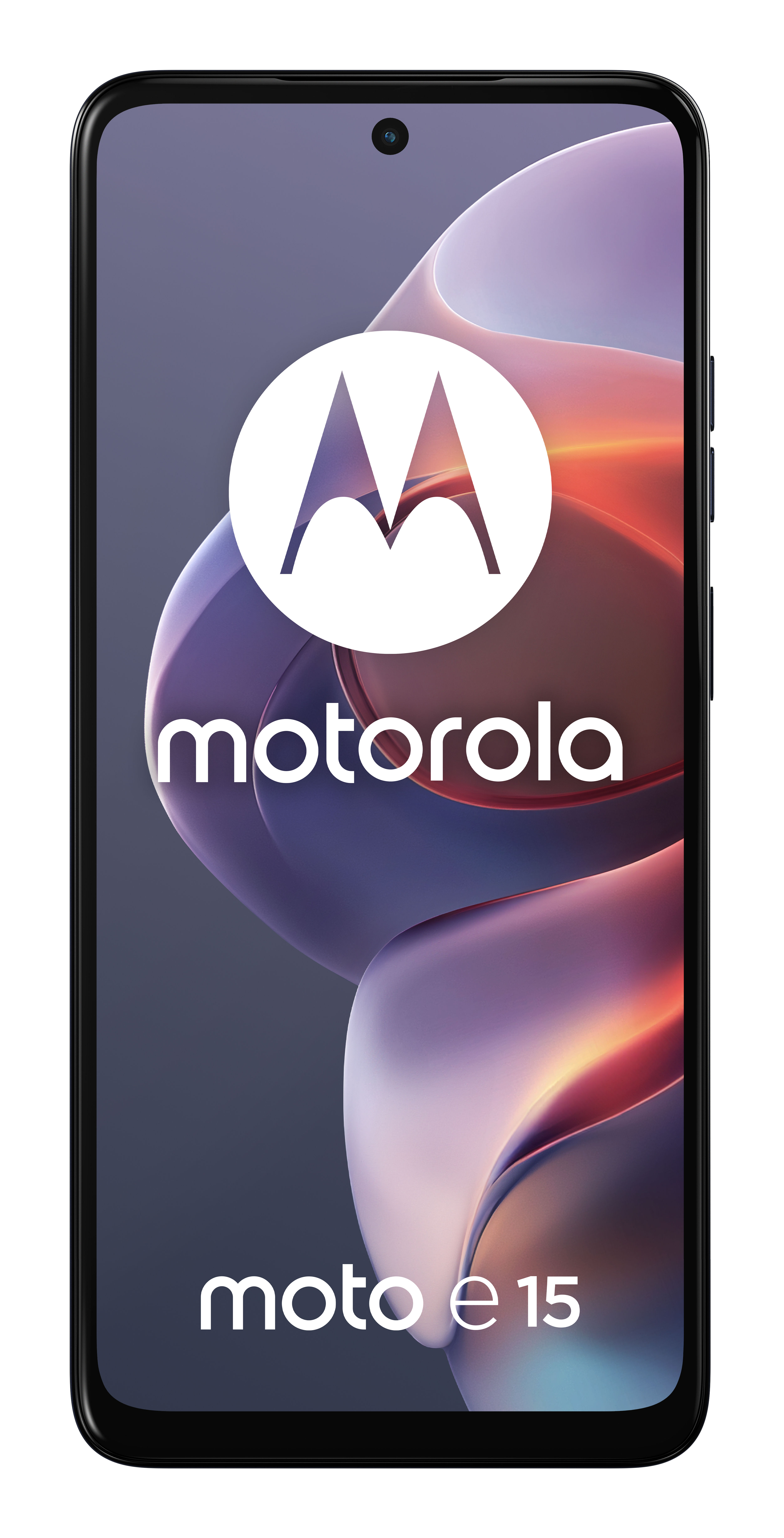 Motorola Moto e15-telefoon met een groot Motorola-logo en de naam van de telefoon op het scherm.