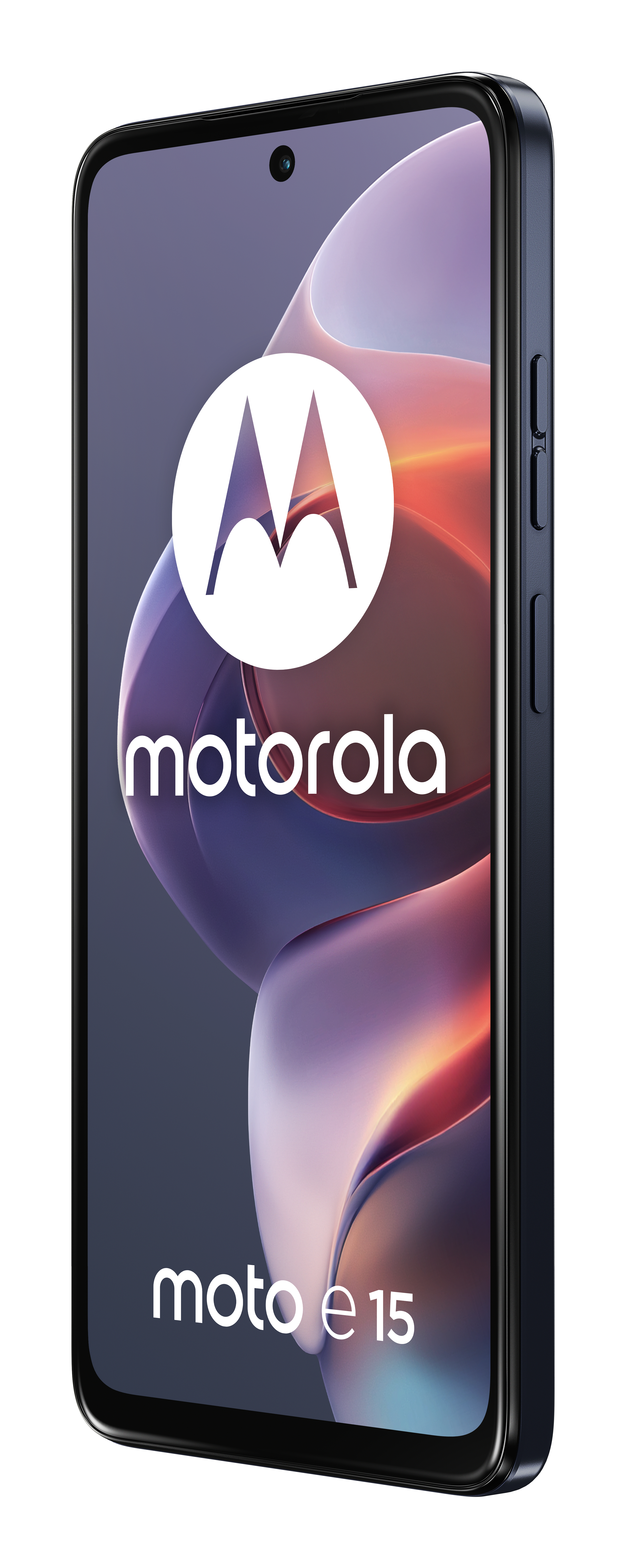 Een Motorola moto e15 smartphone, in blauw, met het logo van het merk op het scherm.