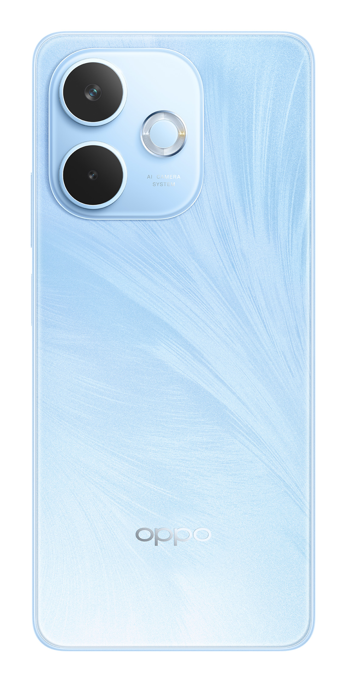 Uno smartphone Oppo azzurro presenta un sistema a tripla fotocamera, un retro lucido con un motivo delicato e il logo Oppo.