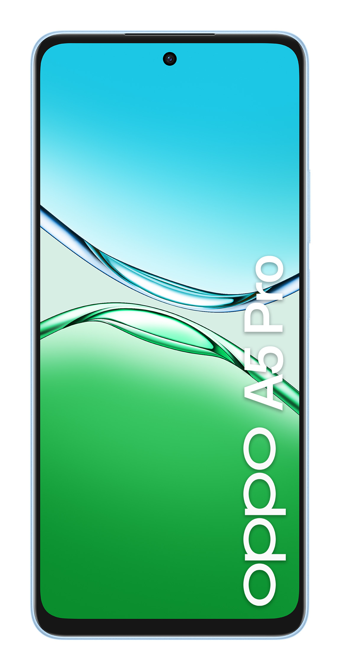 Uno smartphone Oppo A5 Pro azzurro presenta uno schermo sfumato dal blu al verde e il testo 'Oppo A5 Pro'.