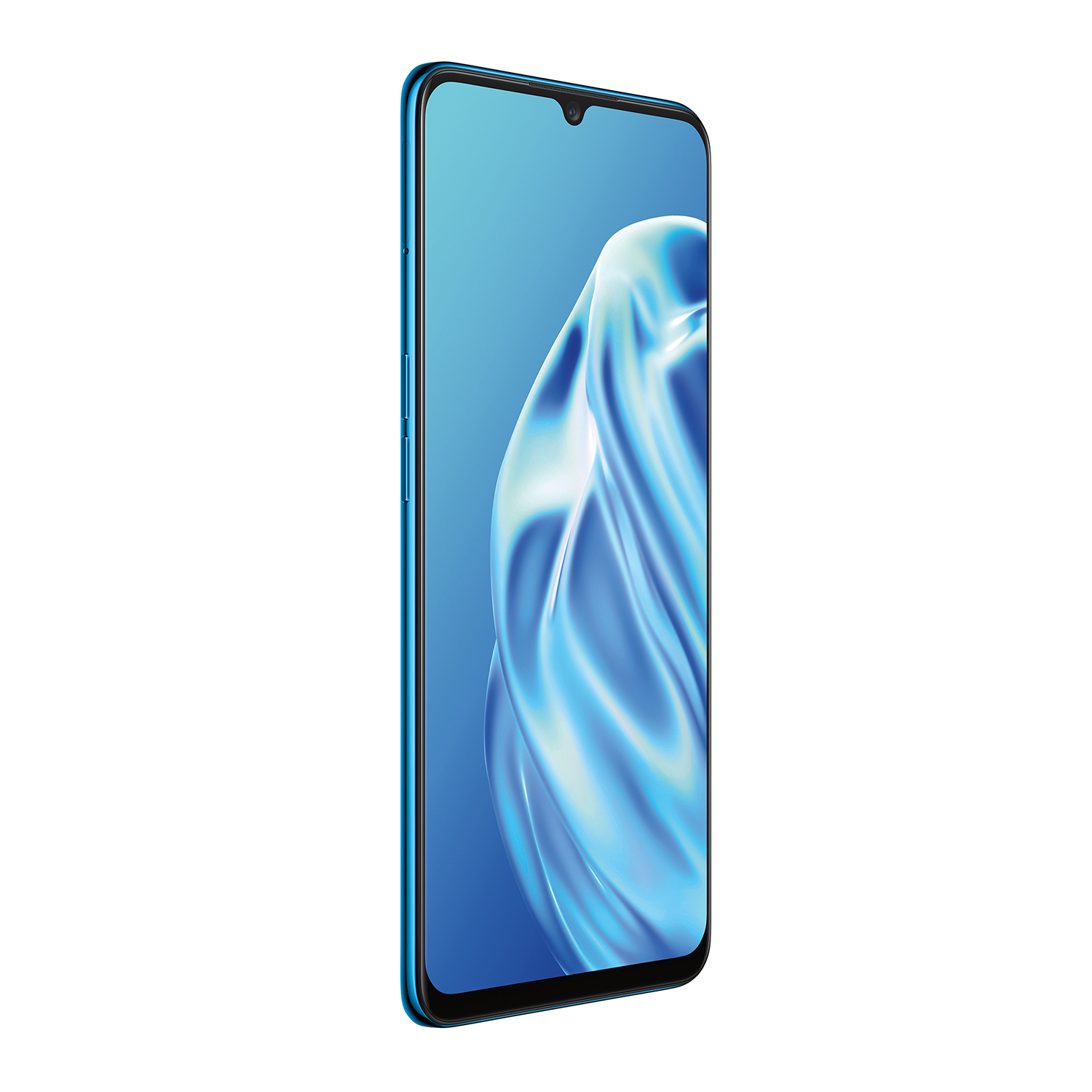 Blaues Smartphone mit blauem Bildschirm. Das Telefon ist nach rechts abgewinkelt und zeigt das Display.