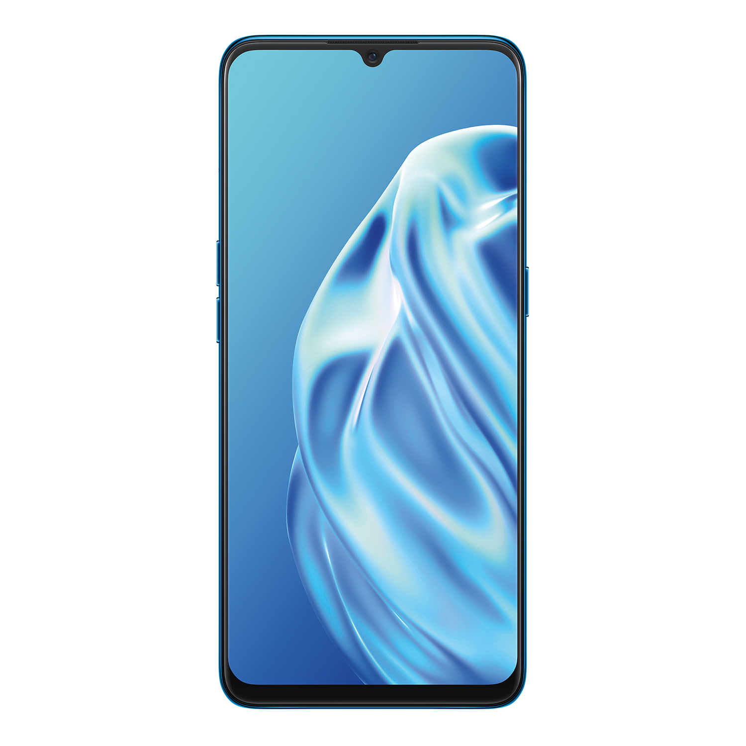 Blaues Smartphone mit blauem Bildschirm. Das Telefon ist gerade und zeigt das Display.
